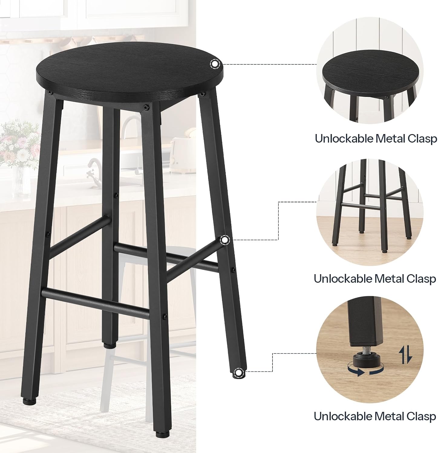 HOOBRO Bar Stools, Bar stools Set of 2,Counter Height Bar Stools, 24.8" Barstools for Kitchen Island, Industrial Kitchen Bar Chairs, for Dining Room, Bar, Black BB07BY01G1N2