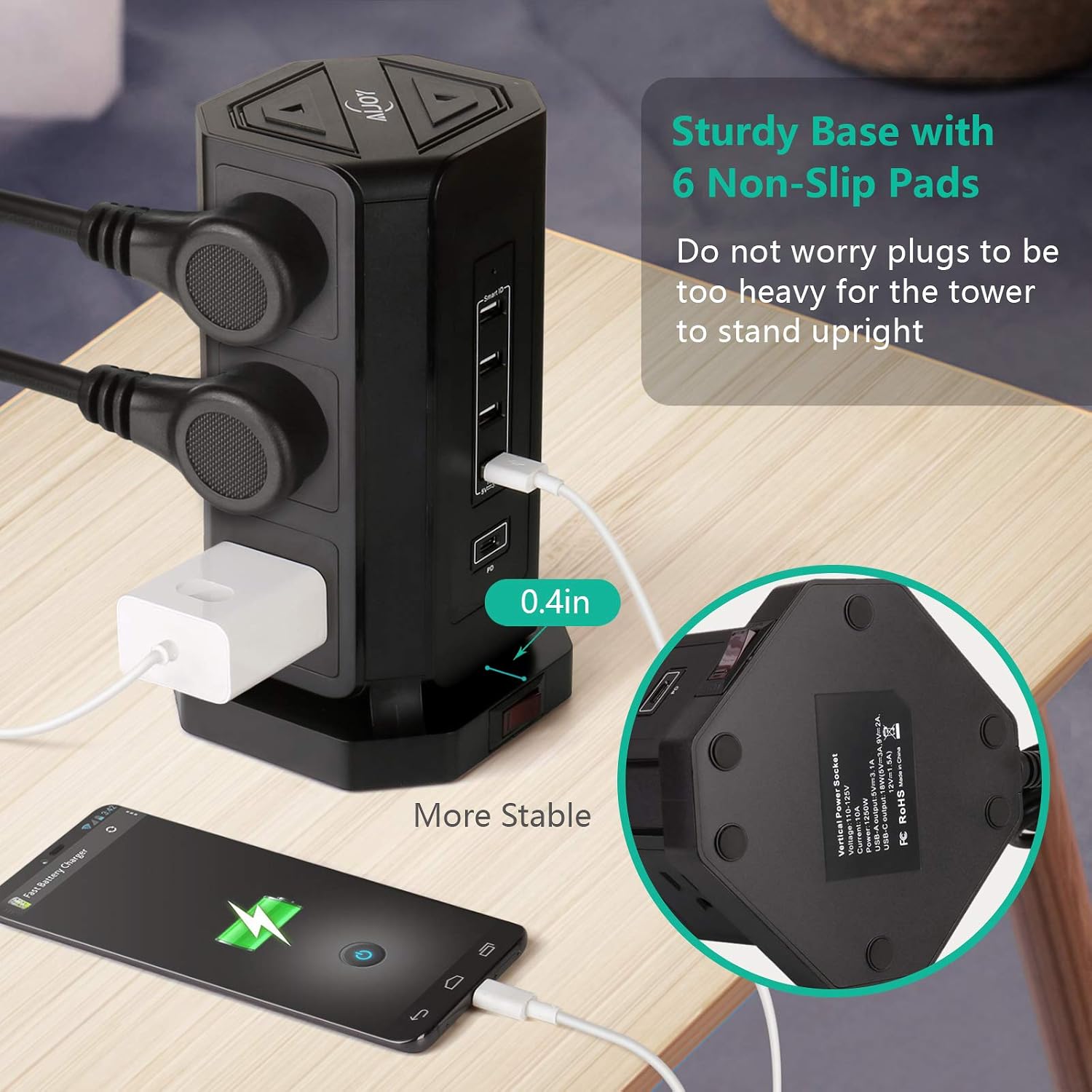 Top Rated AiJoy USB C Surge Protector Power Strip Tower, 9 AC Outlet with 5 USB(4 USB A, 1 18W PD Port) Charging Ports Multi Plug Outlet Long Extension Cord 10Ft