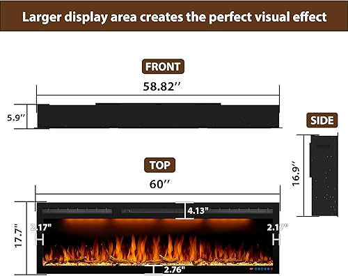 Miniatura 8 de Dreamflame Chimenea eléctrica empotrada y montada en la pared de 60 pulgadas, pantalla ancha y marco ultrafino, llama realista, calentamiento rápido