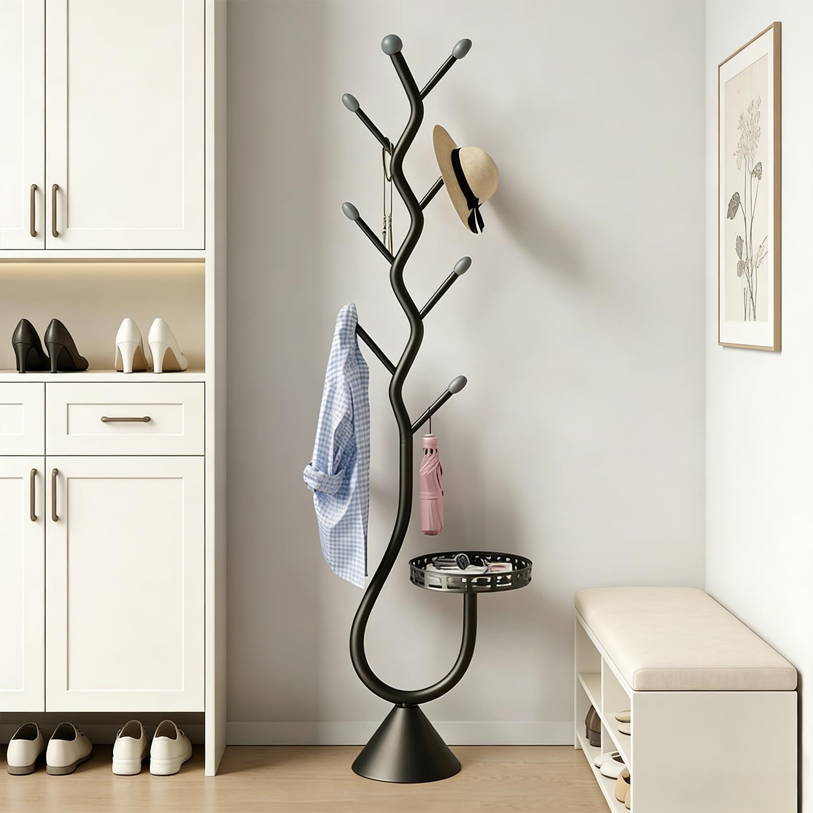 Js Space Black-B Modern Coat Rack Freestanding Coat Hall Tree Metal Tall Entryway Coat Stand With 8 Coat Hooks Slim Black Coat Hanger For Bedroom, Hallway, Office And Small Spaces