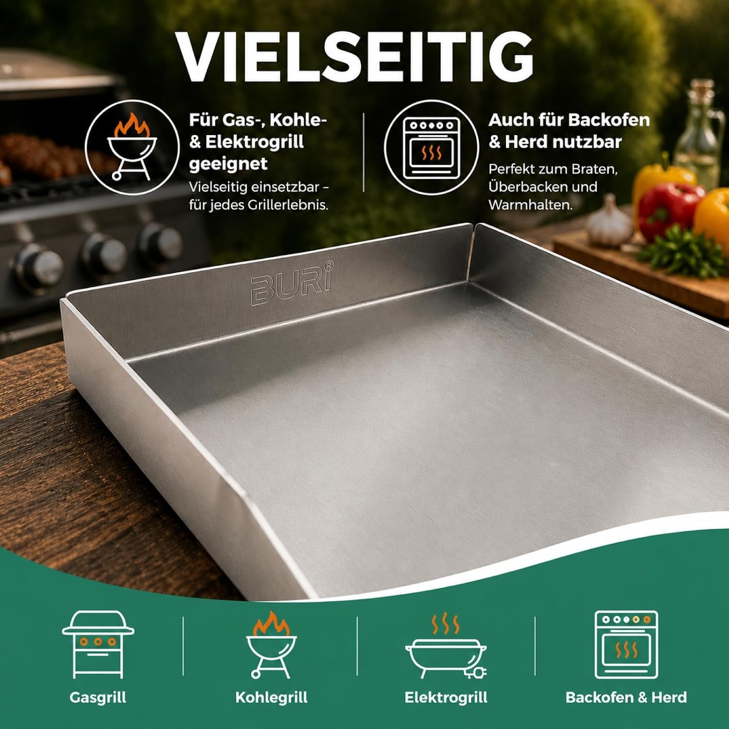Piastra per griglia in acciaio inox, 30 x 20 x 3,5 cm, per barbecue | BURI, 2 mm, in acciaio inox, resistente al calore, con foro di scarico, per hamburger, accessori per barbecue, barbecue a gas