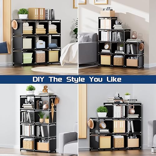 Miniatura 4 de Mavivegue Estante para libros, organizador de almacenamiento de 9 cubos, estantería de bricolaje, estantería de cubo de metal, estuche alto para