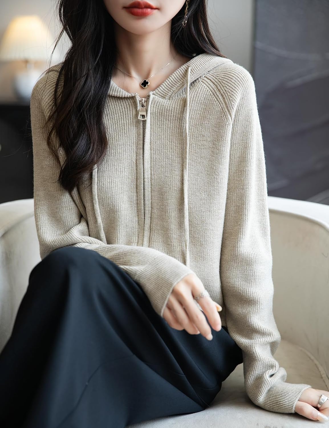 Women's Merino Wool Blend Cardigan 2025 Fall Winter Casual Zipper Sweatshirt Long Sleeve Ribbed Knit Hooded Cardigan - Image 2