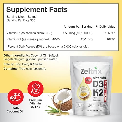 Miniatura 2 de Vitamina D3 K2 10000 UI con MK-7 200 mcg - 300 cápsulas blandas - Suplemento D3 K2 de alta potencia con aceite de coco - Apoya la salud de los