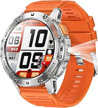 1.43" Amoled Ultra Military Smart Watch for MenAnswer/Dial Calls 100+Sports Modes,5ATM Waterproof 530mAh Large Battery Super Long Standby with LED Flashlight,Heart Rate,SpO2,BP Android iOS