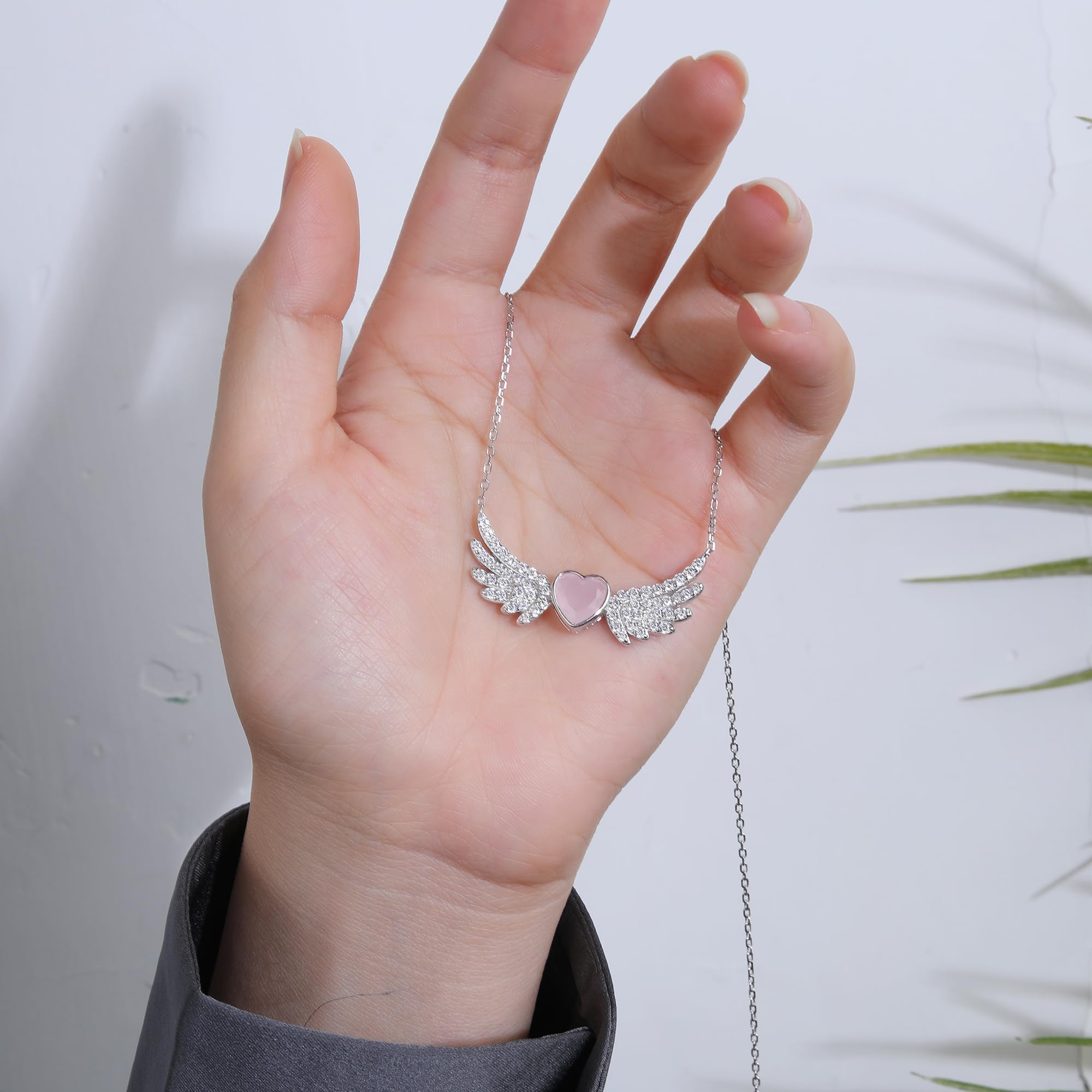 Angel Wings Necklace with Rose Quartz & Zirconia, 925 Sterling Silver Pendant for Women, Guardian Angel Jewelry Gift, Winged Design with Gemstone, Elegant Necklace for Girls & Ladies