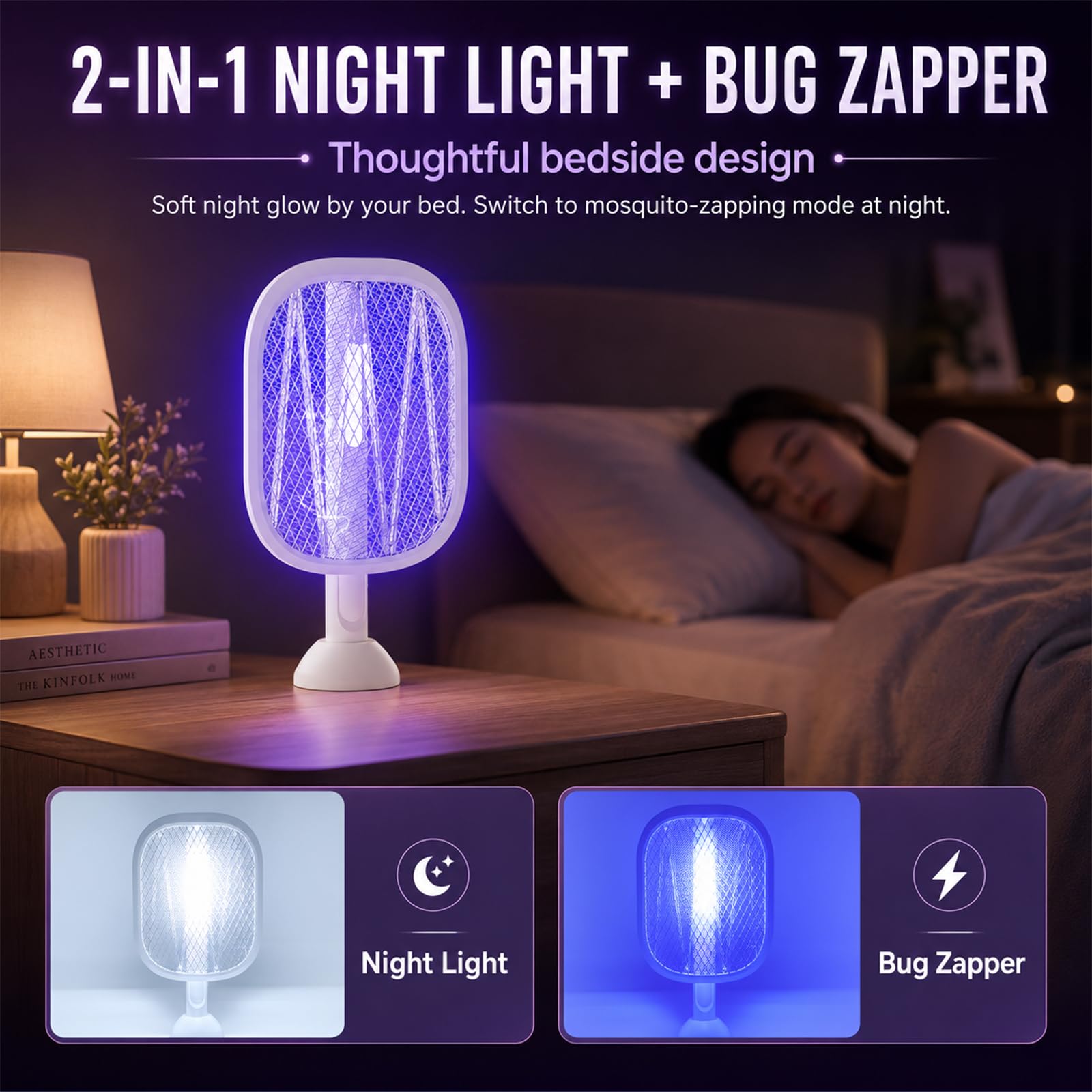Elektrische Fliegenklatsche 5000V, 2 in 1 Mückenklatsche Elektrisch mit UV-Licht & Nachtlicht, 180° klappbarer Kopf, ausziehbar 61–72 cm, 2000mAh USB-C Akku, Insektenvernichter für Haus Camping