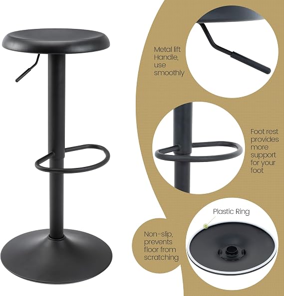 Adjustable Bar Stool, Swivel Round Metal Airlift Backless, 1 pc Black
