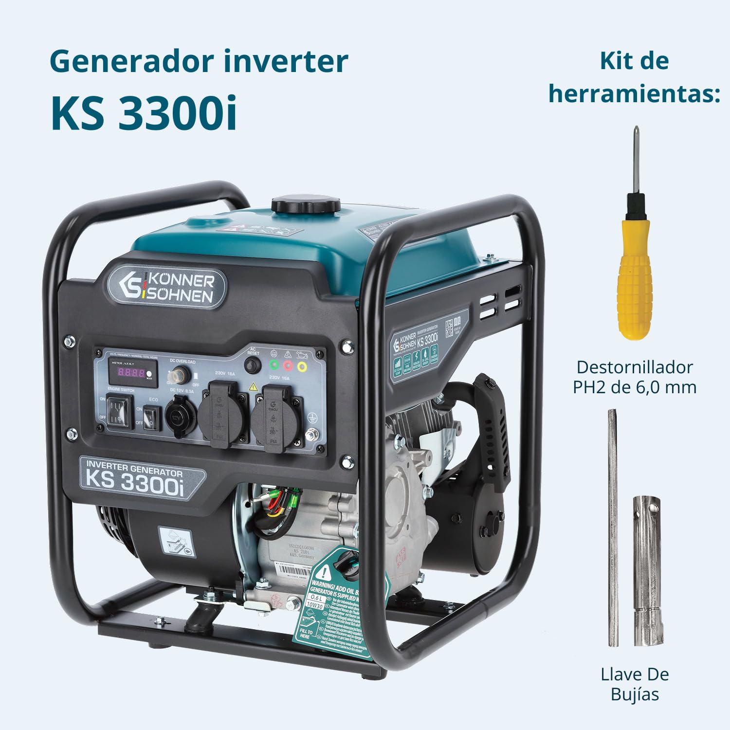Könner & Söhnen Generador inverter KS 3300i de una potencia máxima de 3300W, 2x Schuko 230 V, pantalla LED, bobinado de cobre, protección ante sobrecargas y cortocircuitos, EURO 5