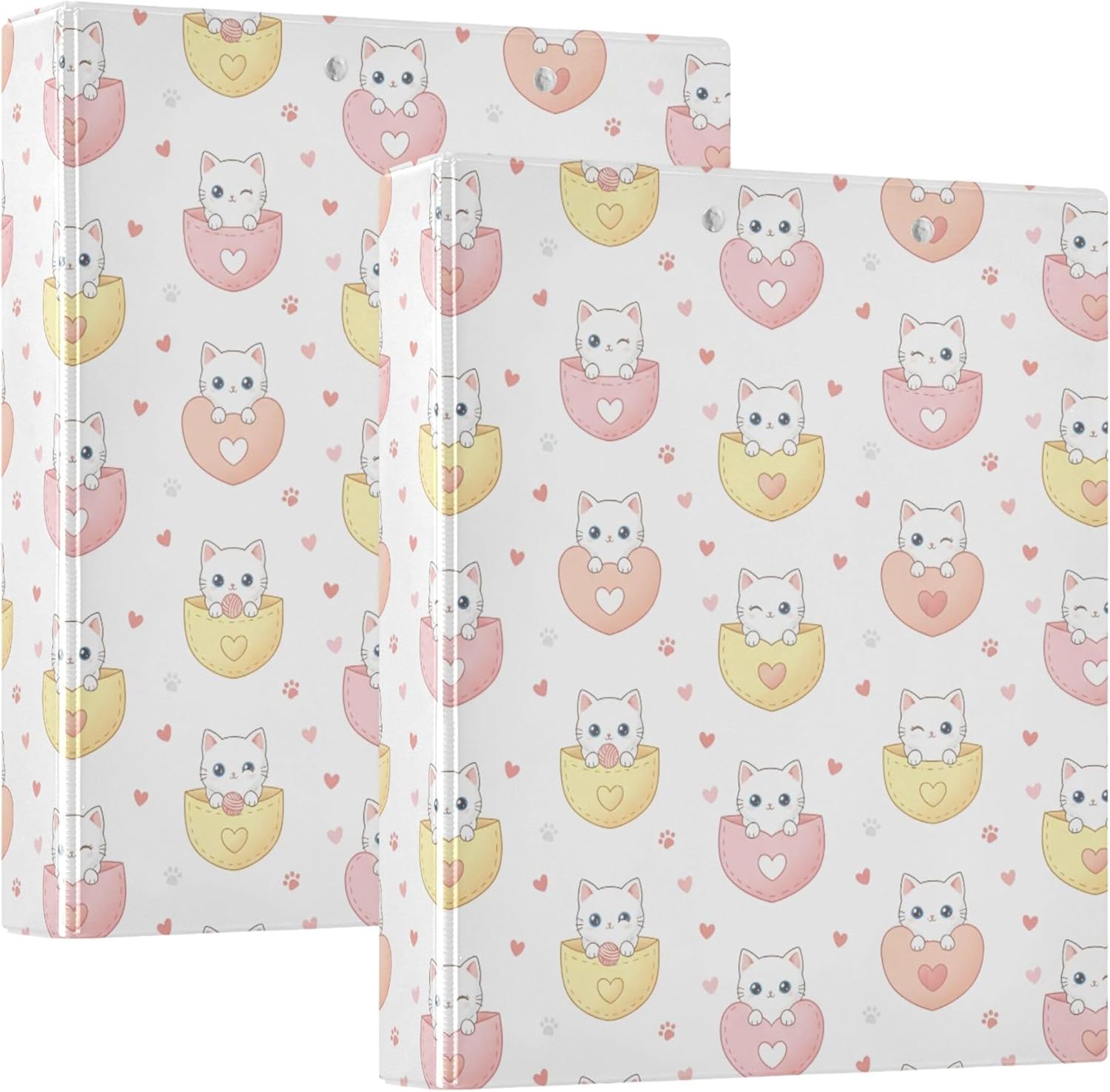 Cute Valentine's Day Cat 3 Ring Binders, 1.5” Round Ring Binders with Clipboard - Letter Size, 3 Interior PVC Clear Pockets & Anti-Slip Clip for Office School Supplies, 2PCS
