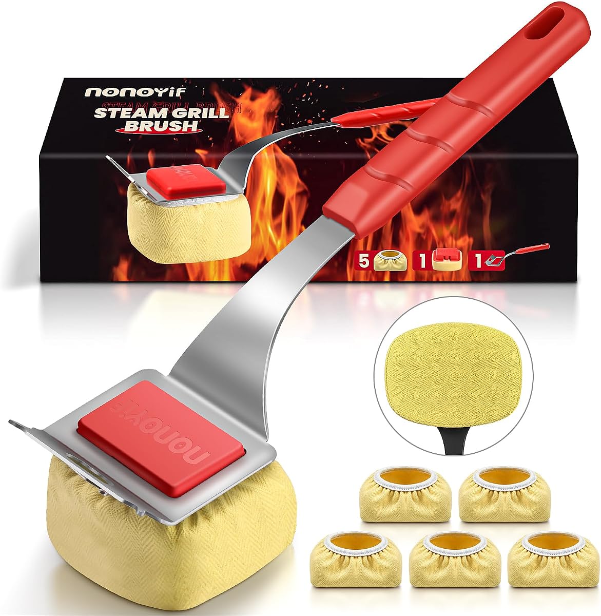 Grill Brush Bristle Free with 5 Replaceable Pads (RED) | BBQ Grill Brush Replaceable Cleaning Head, Grill-Cleaner Brush for Cast Iron/Stainless Steel Grates, Gift for Men Dad