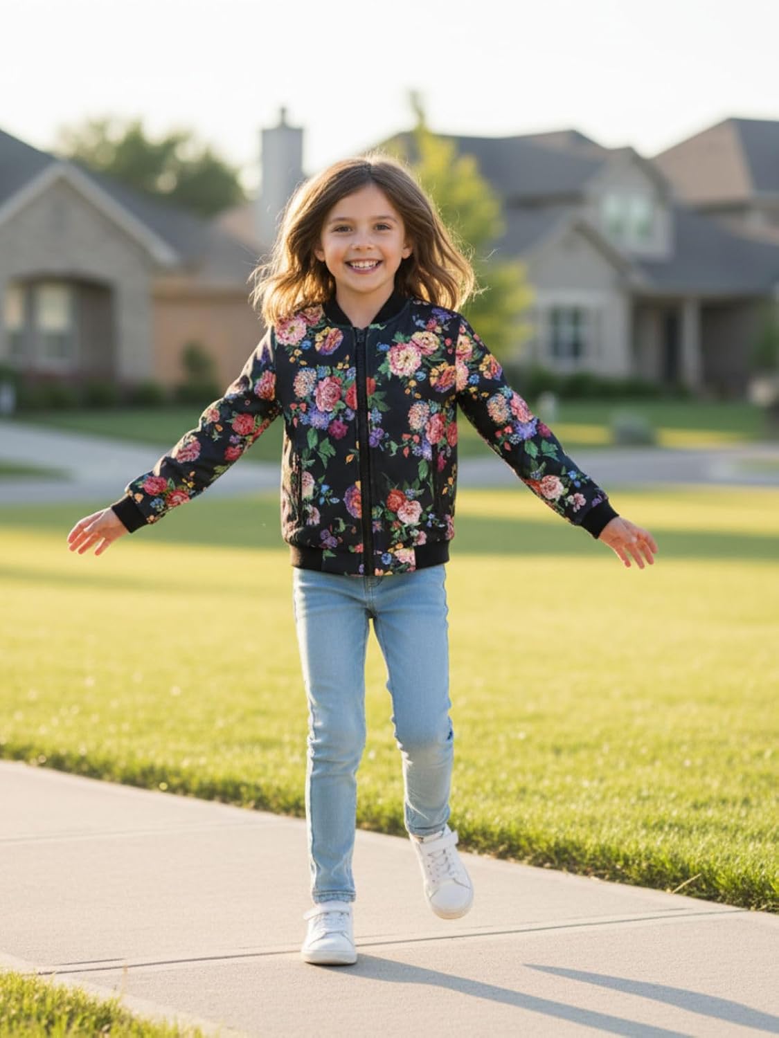 WELAKEN Girls Lightweight Bomber Jacket Floral Print Full Zip Outwear Jacket with Pockets