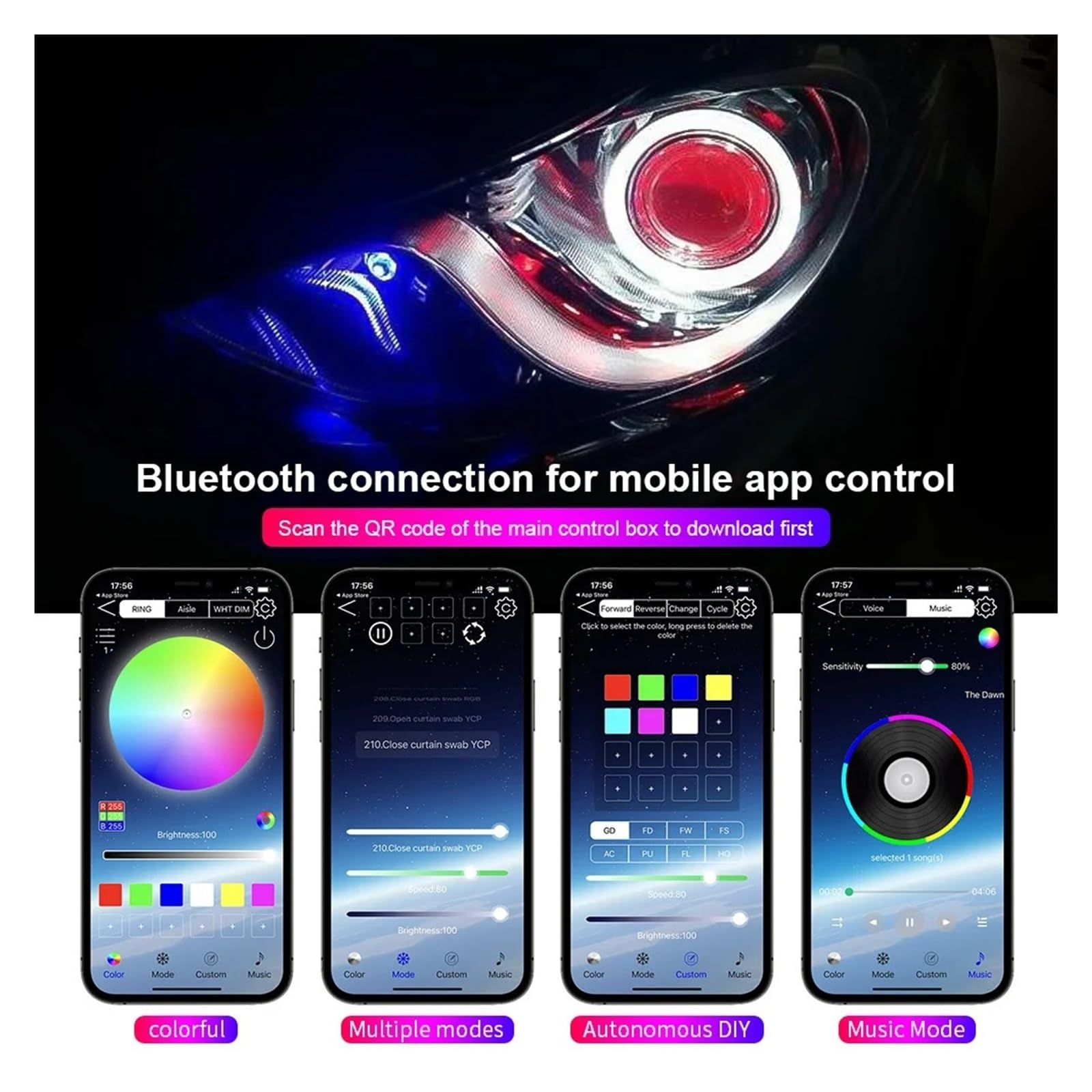 2 szt. 60-90 mm RGB Angel Eye Halo Ring DRL Turn Signal App Bluetooth (100 mm)
