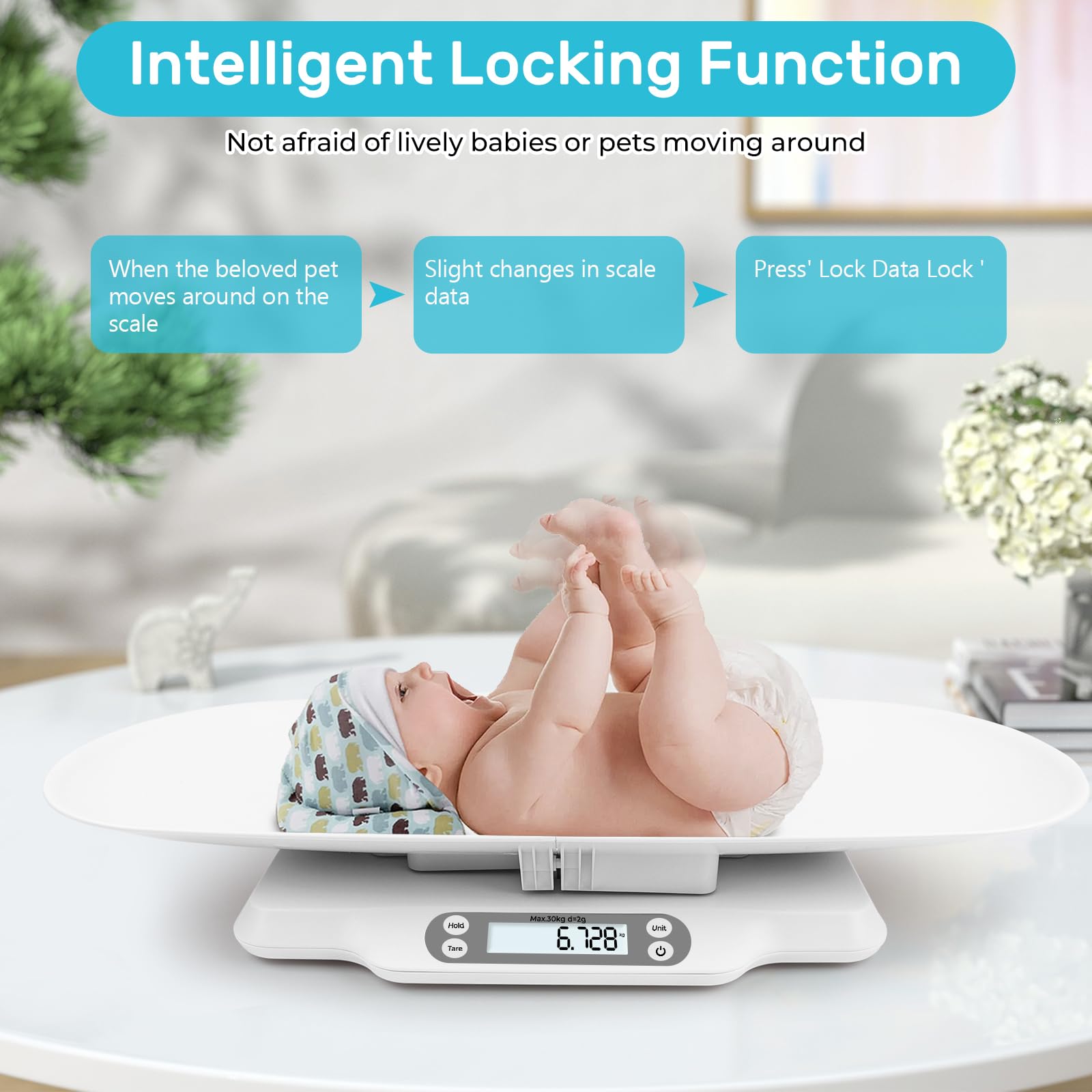 Balance Bébé Numérique 30kg 70cm avec Plateau Amovible, Fonction Hold, Tare, écran LED