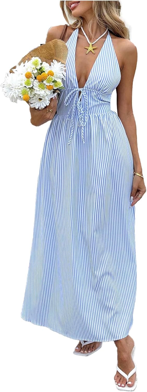 Women's Striped Backless Halter Maxi Dress Summer Tie Front A Line Dresses Beach Vacation Clothes