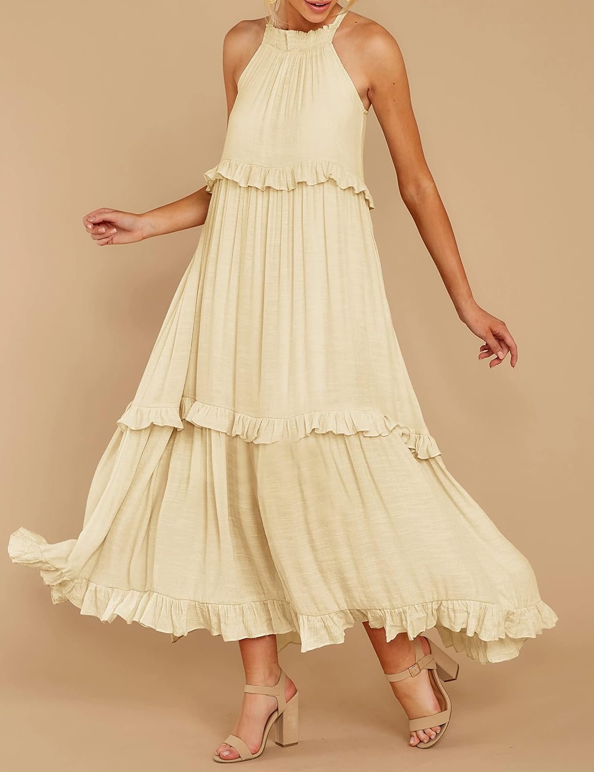 R.Vivimos Womens Summer Dress Sleeveless Halter Layered Ruffles Casual Boho Flowy Maxi Dress - Image 5