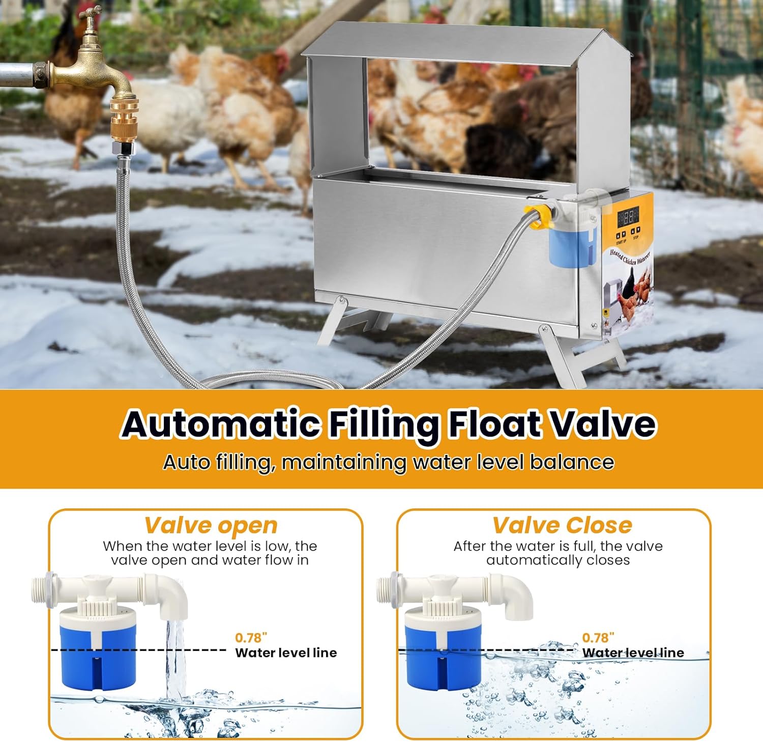 1.5 Gallon Heated Chicken Waterer Automatic Chicken Water Heater for Winter, Freeze Proof Poultry Drinker Watering System