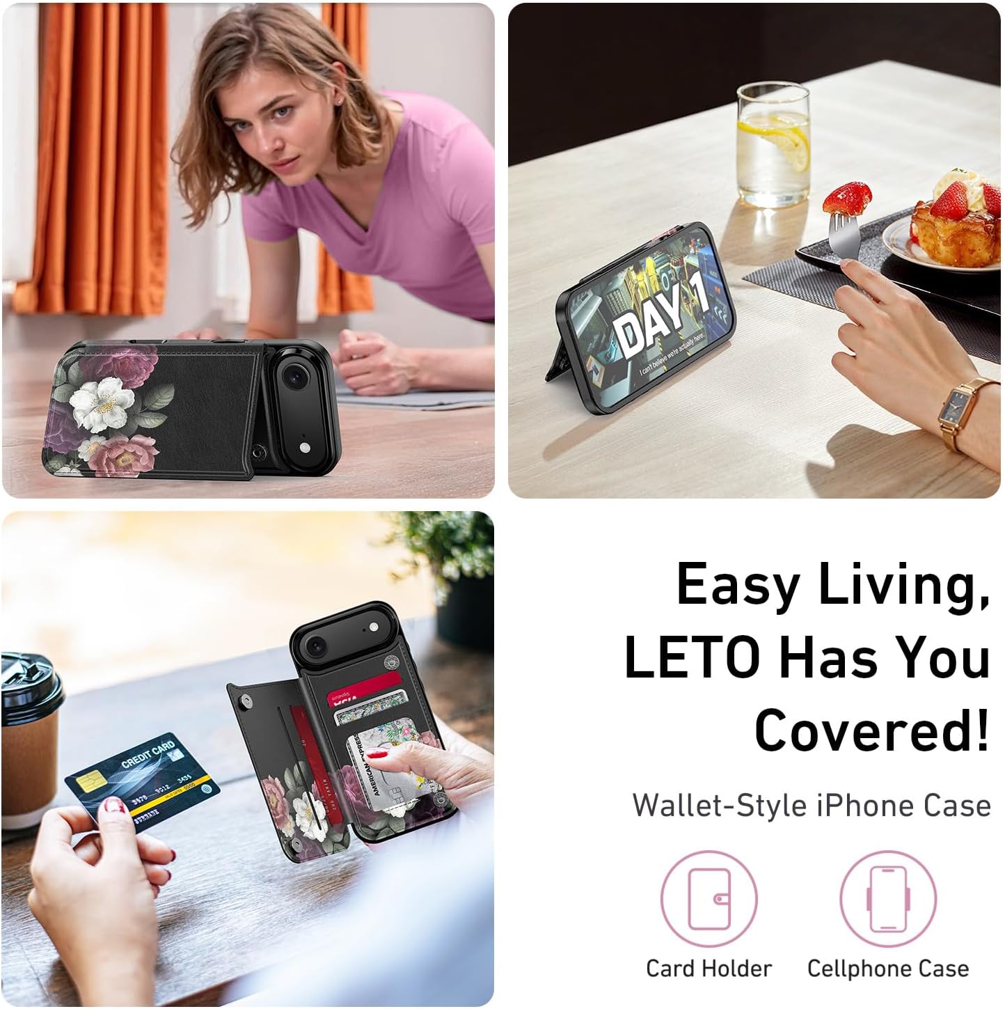 LETO for iPhone Air Wallet Case with Card Holder - Flip Folio Leather Kickstand - Fashionable Flower Designs - Shockproof Protective Phone Cover for iPhone 17 Air Women and Girls - Cute Flrals - Image 6