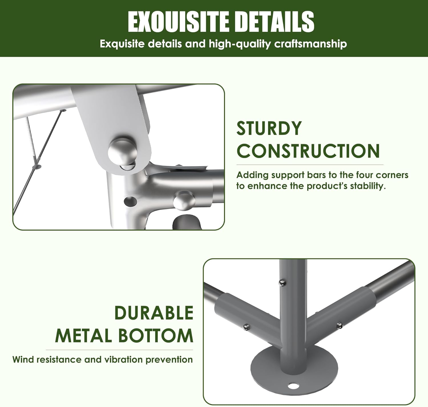 Close-up of sturdy construction details, showing support bars and triangular braces for enhanced stability, and a durable metal bottom for wind resistance.