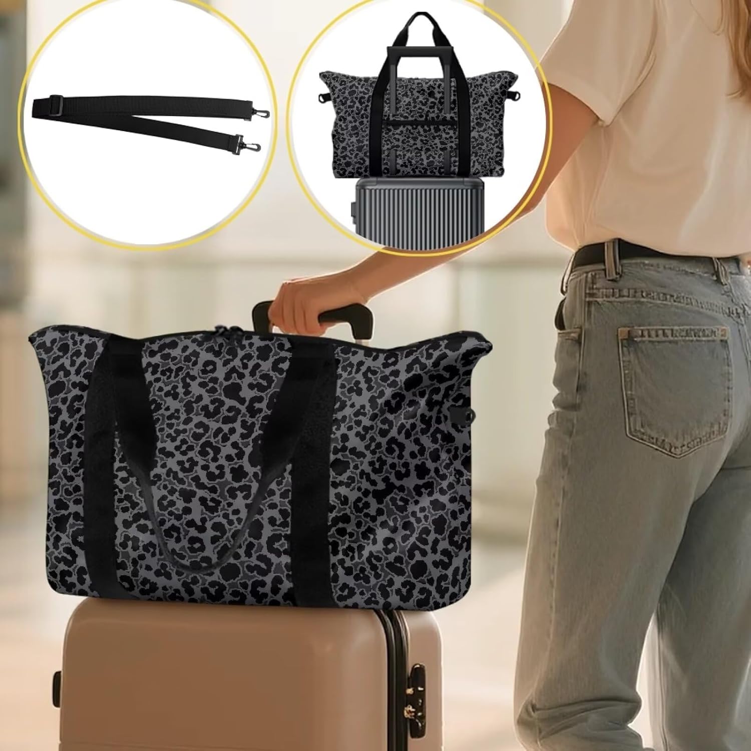 Leopard Print Carry On Duffel Bag with Luggage Strap Lightweight Foldable Weekender Bag for Workout Sports