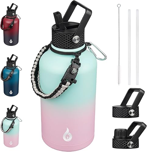 Miniatura 14 de BJPKPK Botella de agua de 1 galón aislada con tapa con pajita, 50oz, 64oz, 87oz, 128oz grande, botellas de agua de acero inoxidable con 3 tapas y