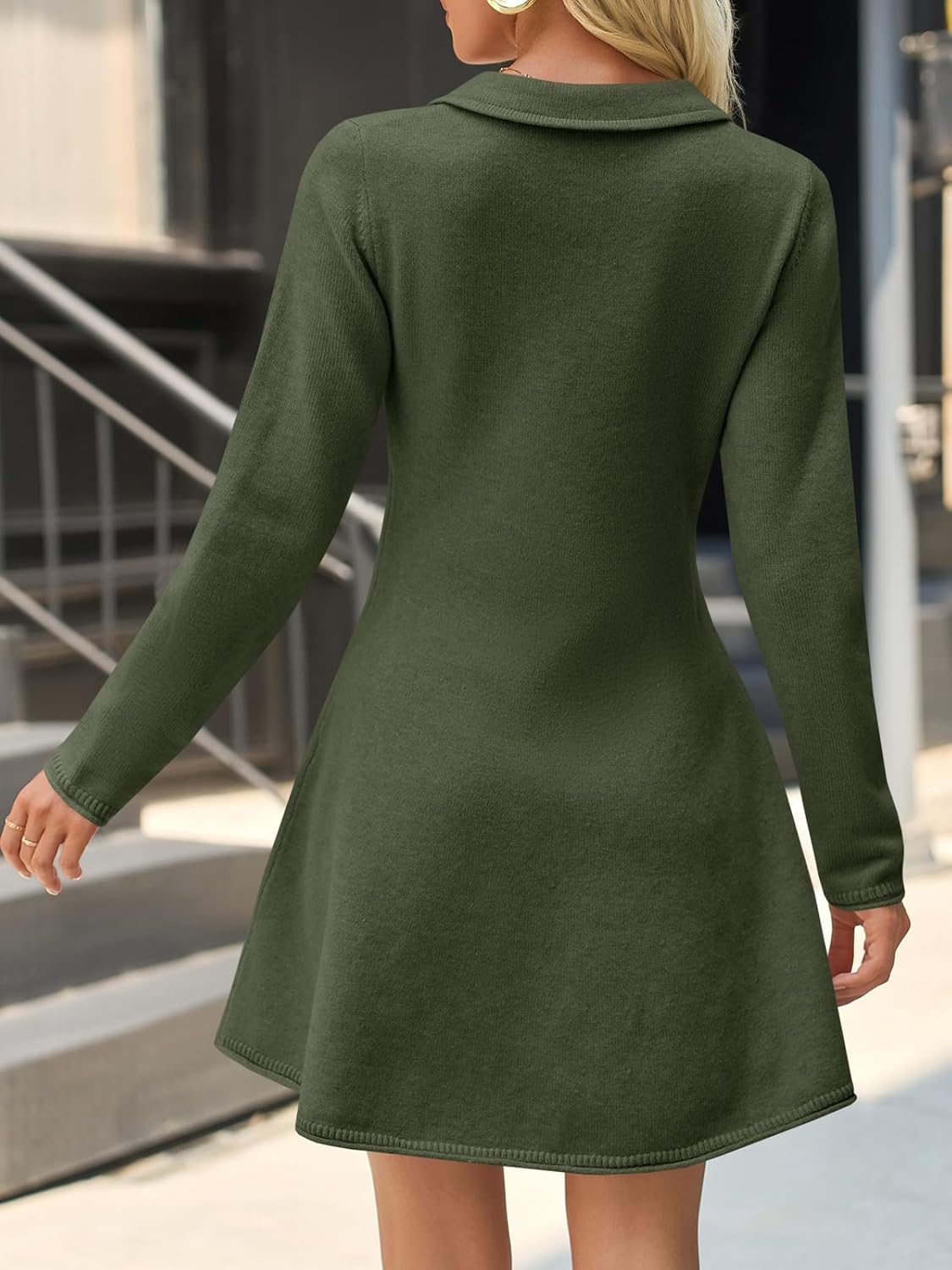 Saodimallsu Womens Sweater Dress 2025 Fall Polo Collared Long Sleeve Button V Neck A line Preppy Knit Dresses - Image 5