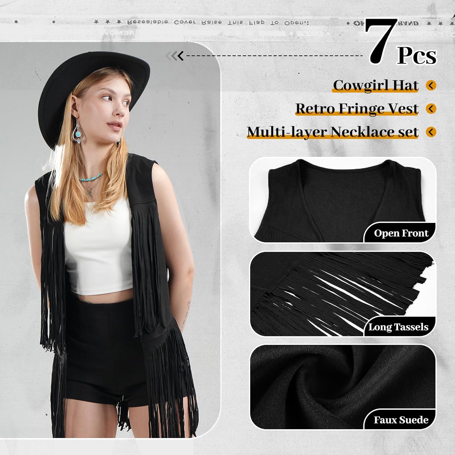 Western Outfits for Women,7pcs Fringe Vest Cowboy Hat Cowgirl Costume Tassels Halloween 70s Costume Set. - Image 4