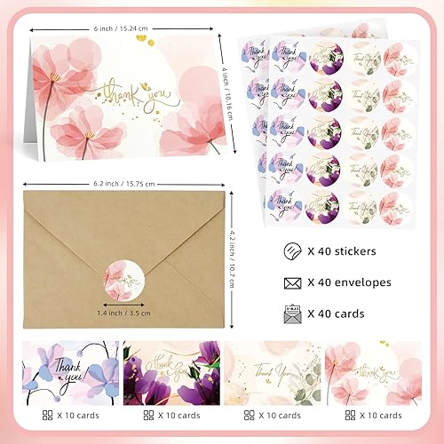 Miniatura 2 de Juego de tarjetas de agradecimiento a granel, 120 piezas incluye 40 tarjetas de agradecimiento en blanco con 40 sobres y 40 calcomanías, perfecto