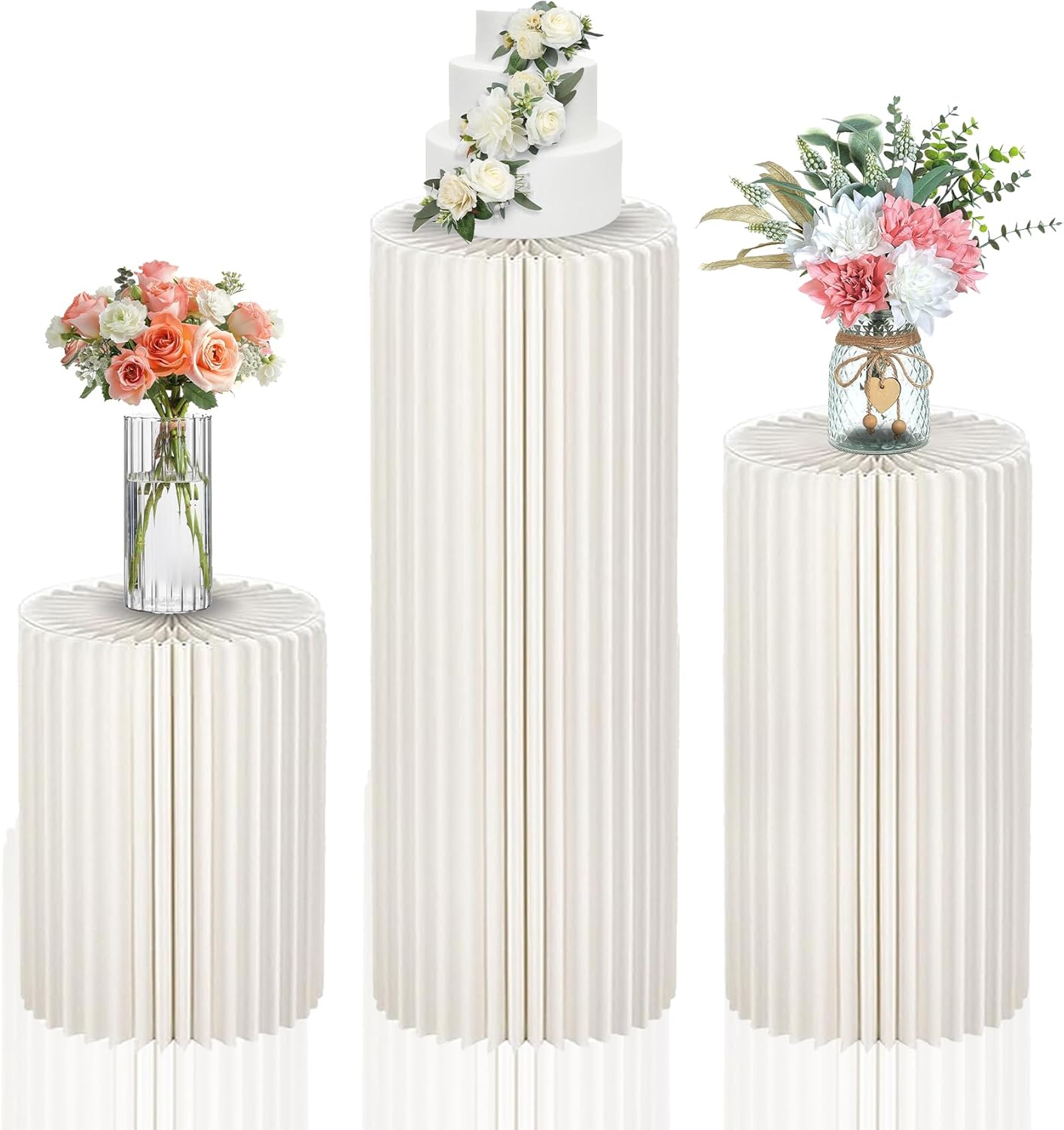 Cylinder Stands for Party, 3Pcs 15.7"+23.6"+31.5" Round Pedestal Stand, Foldable Cardboard Columns Cylinder Tables, Pedestal Display Plinth Pillars for Wedding Birthday Party