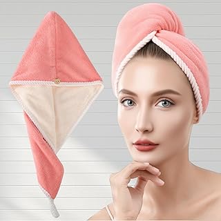 Hair Drying Towel with Button Microfiber Hair Wrap Head Turban for Post Shower Routine Double Layer Shower Cap Plush(Pink and White)