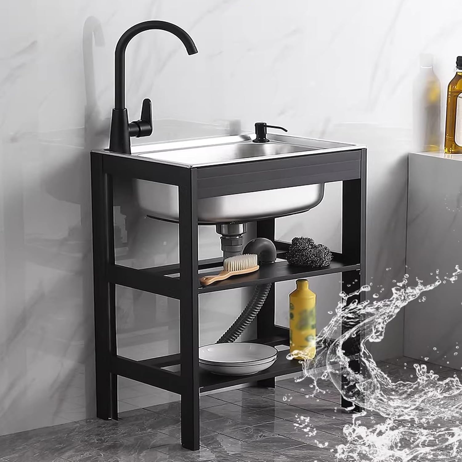 Stainless Steel Commercial Restaurant Sink, With Hot And Cold Faucet Freestanding Sink, For Workstation, Prep Kitchen, Bar Sink(52x38x75cm)