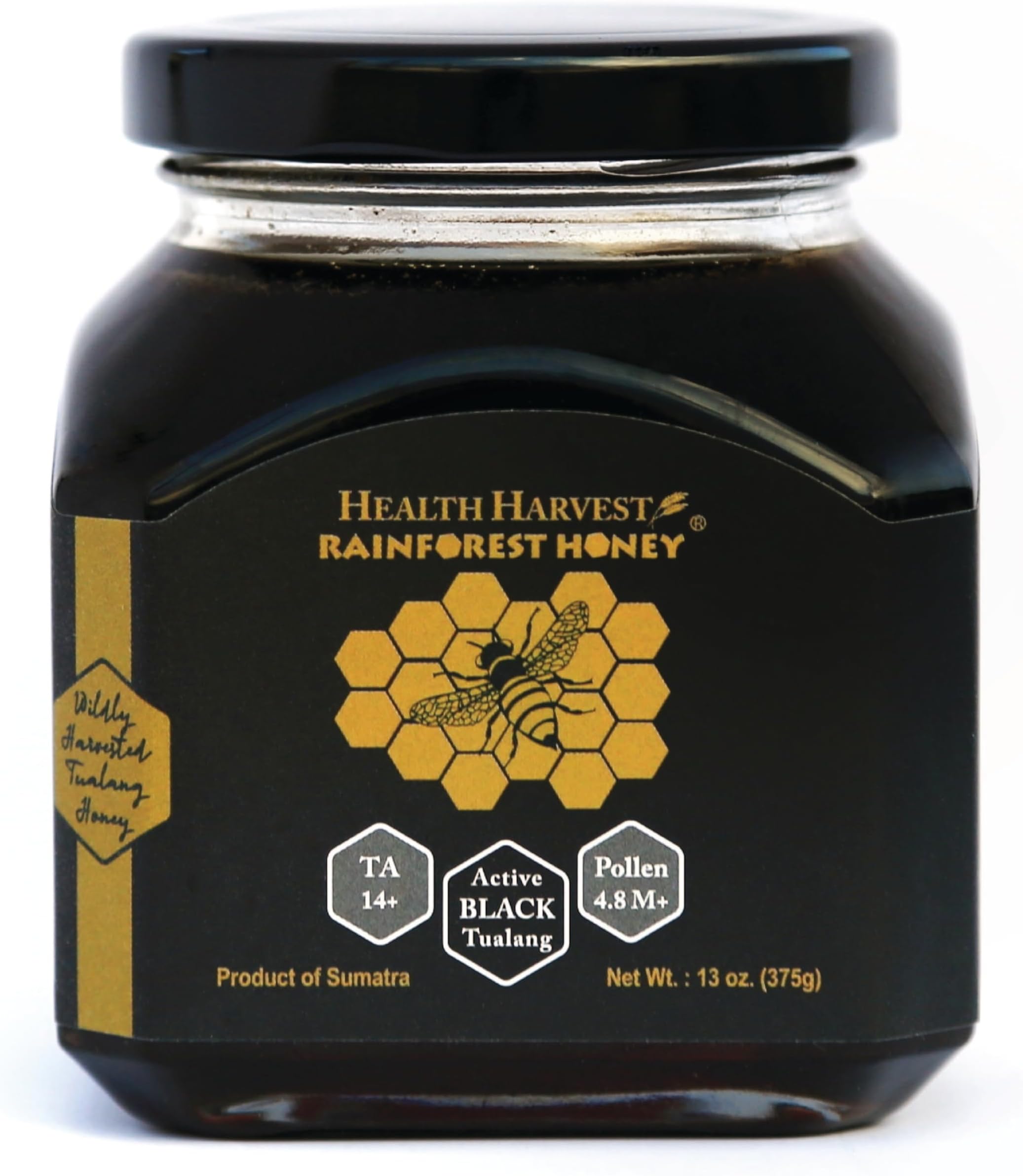 Premium Tualang Black Honey 375g (TA 14+, Pollen Count 4.8M+, Pollen Variety 150+) Intense Choice for Men Preservation, Wild-ripening on 250ft Treetop, Raw, Unpasteurised, Unfiltered