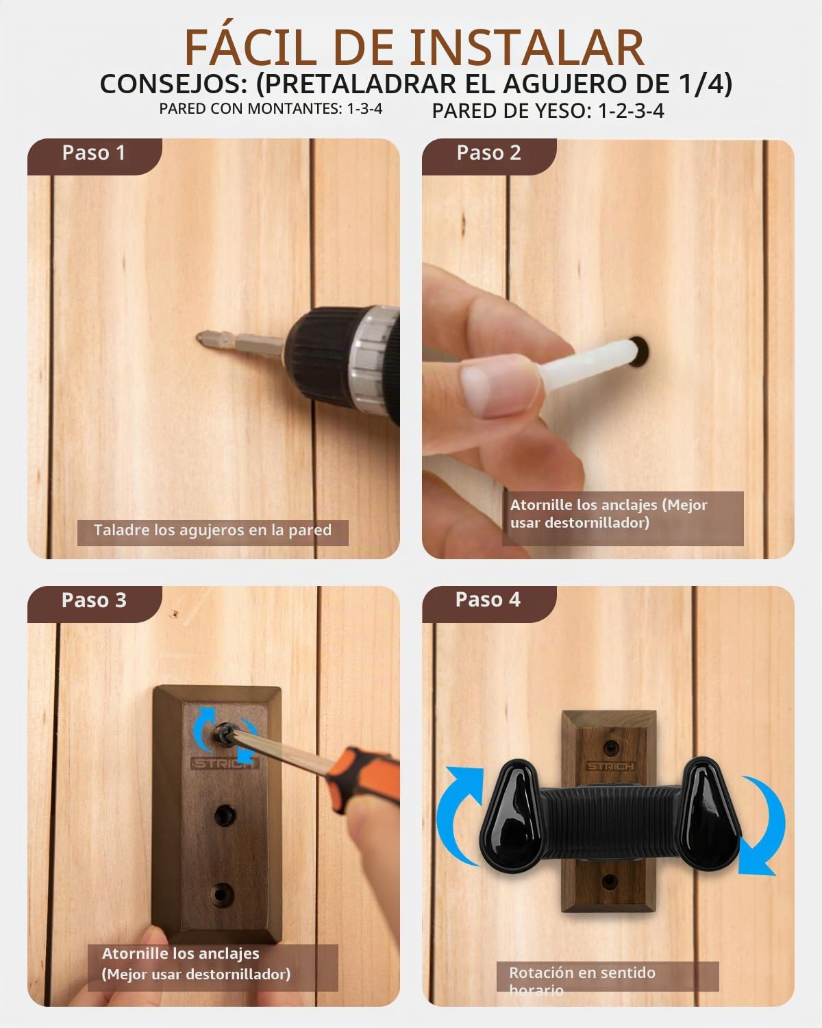 STRICH Soporte de pared para guitarra con base de nogal, soporte de pared para guitarra en forma de U con soporte de bloqueo automático para acústico, eléctrico, banjo y bajo (paquete de 2)