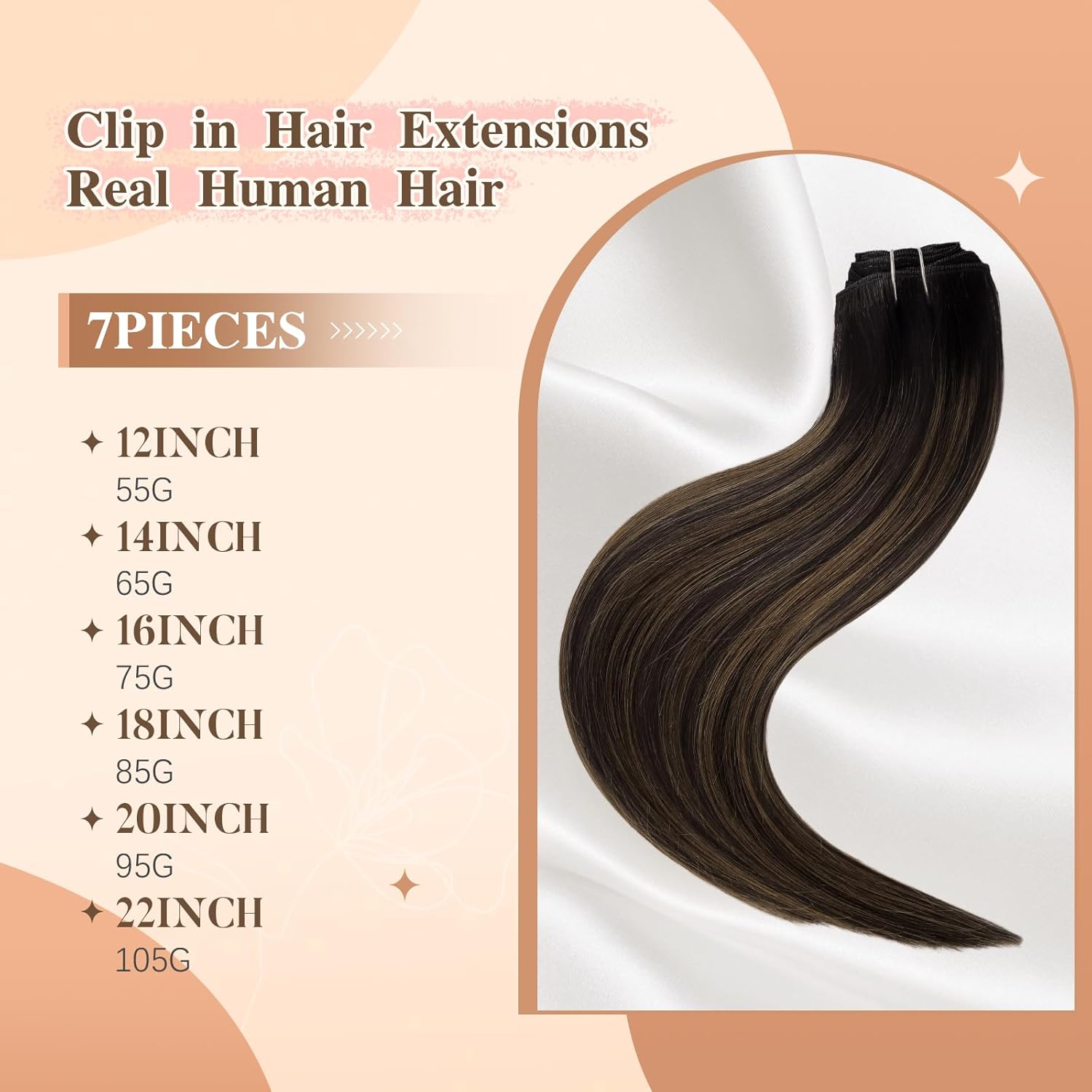 Clip in Hair Extensions Balayage Natural Black to Chestnut Brown 12 Inch 55g 7pcs Real Human Hair Extensions Remy Hair For Women Natural Straight