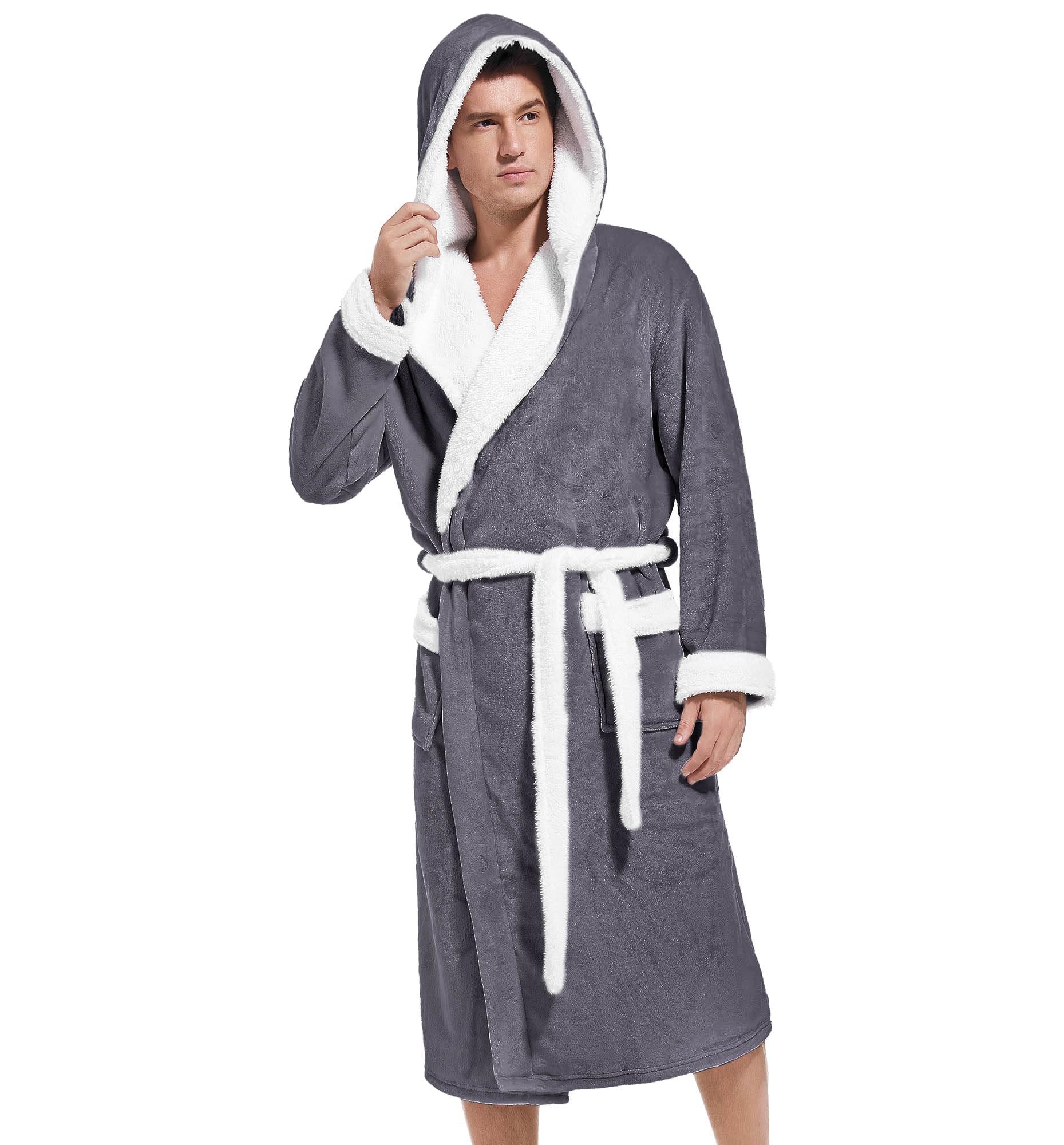 Inner Wish Mens Hooded Robe, Plush Long Bath robes Cozy Warm Bathrobe Fuzzy male Spa Robe With Pockets