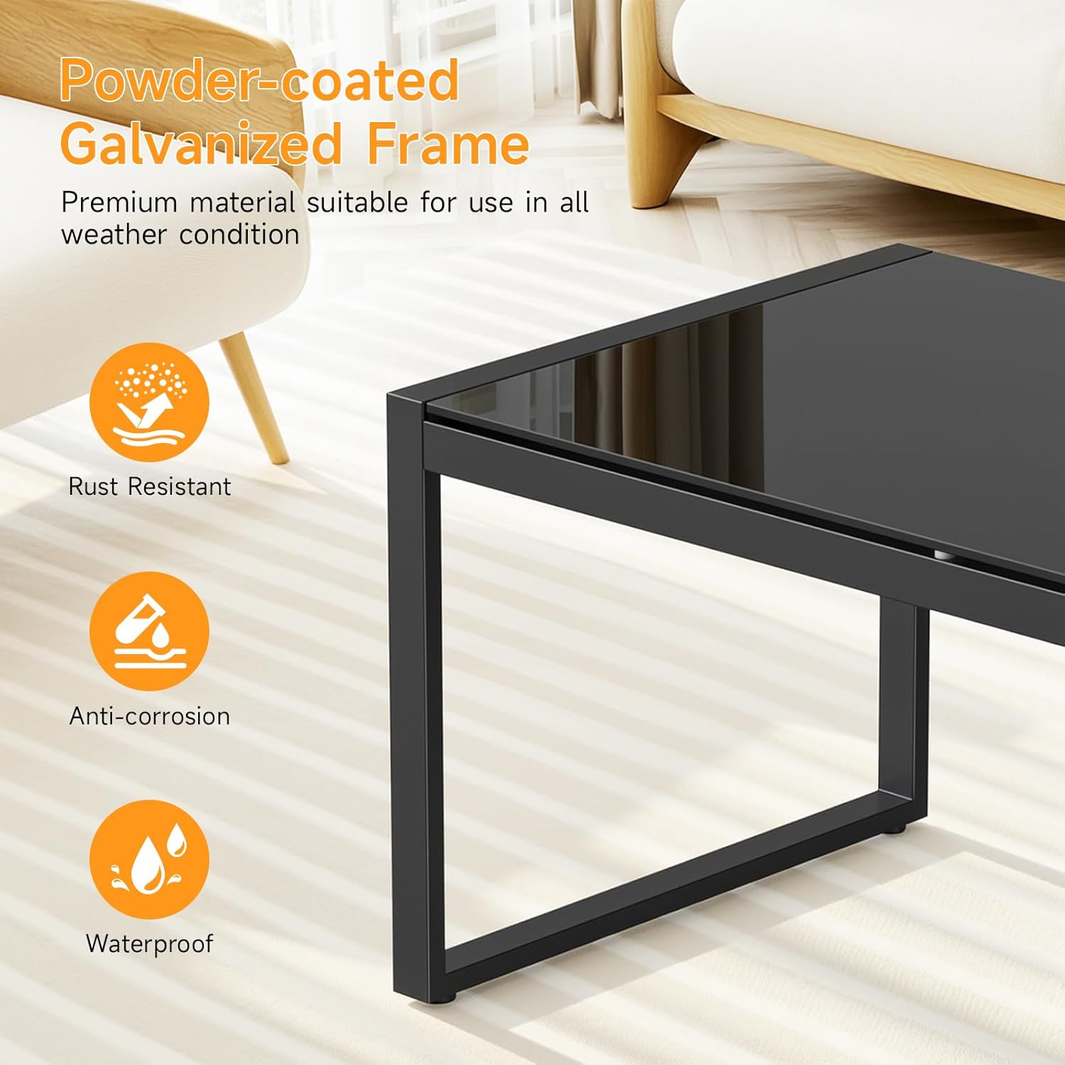 ONBRILL Rectangle Coffee Table with Tempered Glass Desktop, Galvanized Frame Outdoor Coffee Table with Adjustable Feet for Patio, Balcony, Deck, Living Room, Black