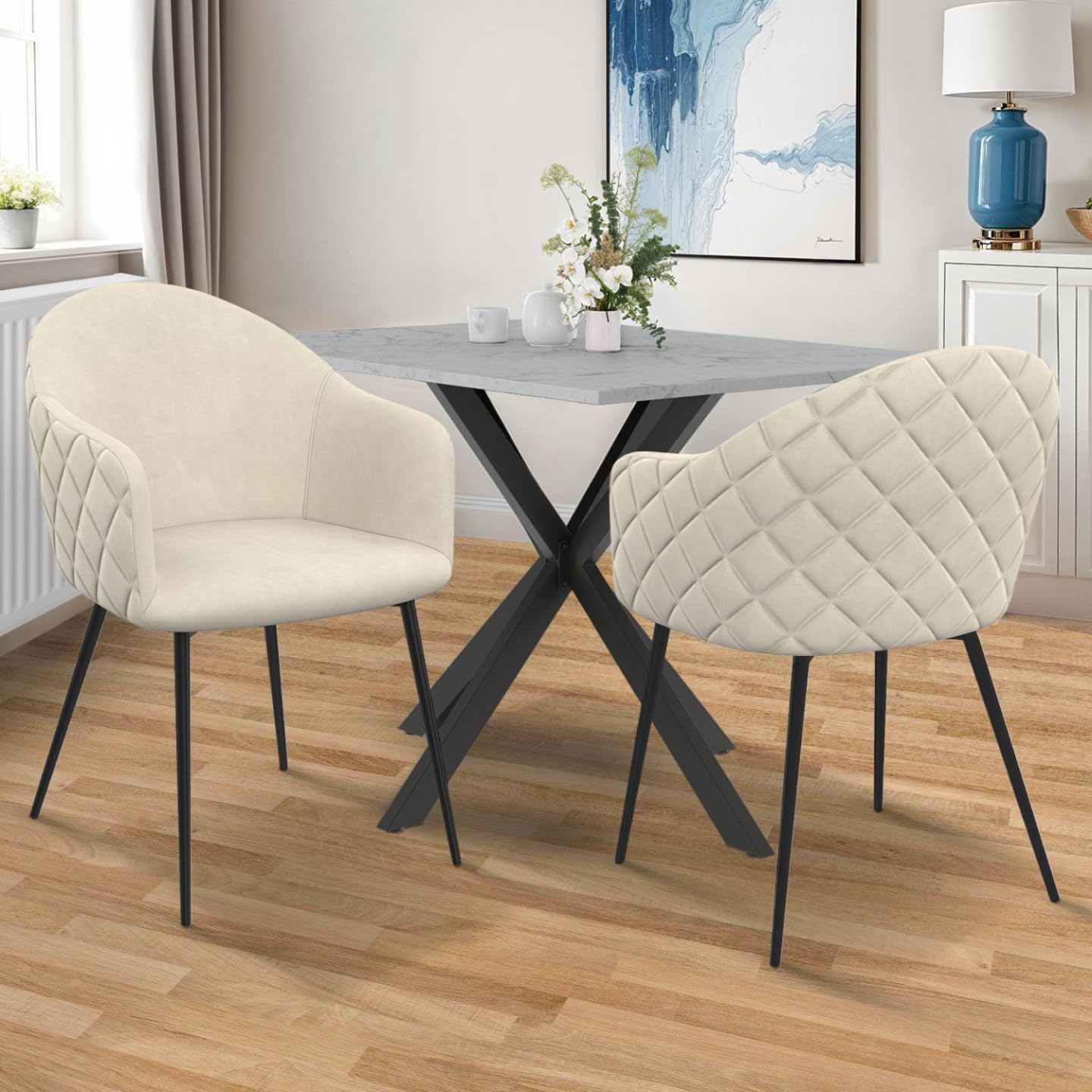 IDMarket – Juego de 2 sillas de comedor, sillones de mesa Moly de terciopelo gofrado, color beige