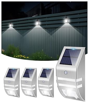 Roopure 4 Pack Stainless Steel Solar Motion Sensor Lights Outdoor Decorative Solar Powered LED Accent Lights Solar Powered Security Lights Waterproof for Front Door Patio Deck Yard Garden Fence Porch