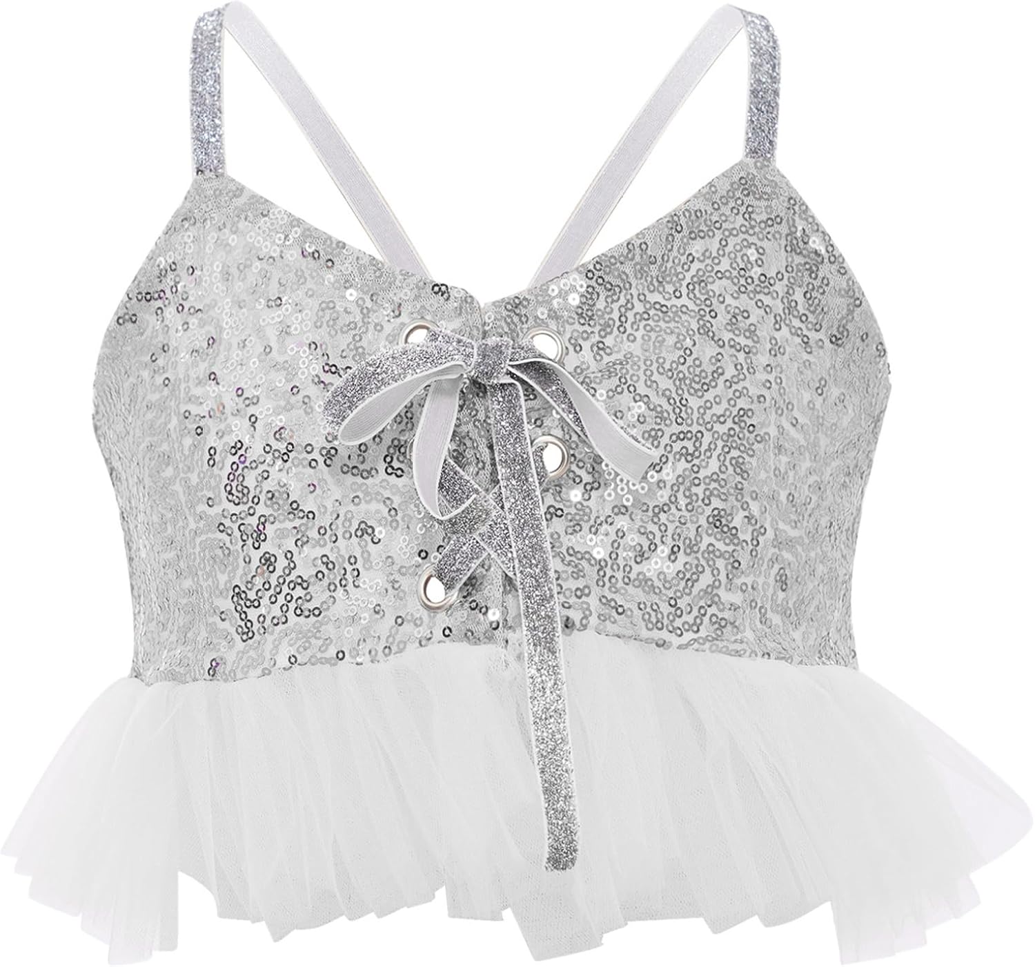 Kids Girls Jazz Dance Outfits Tulle Ruffle Camisole Top with Bell-Bottom Pants Sequins Ballroom Dancewear