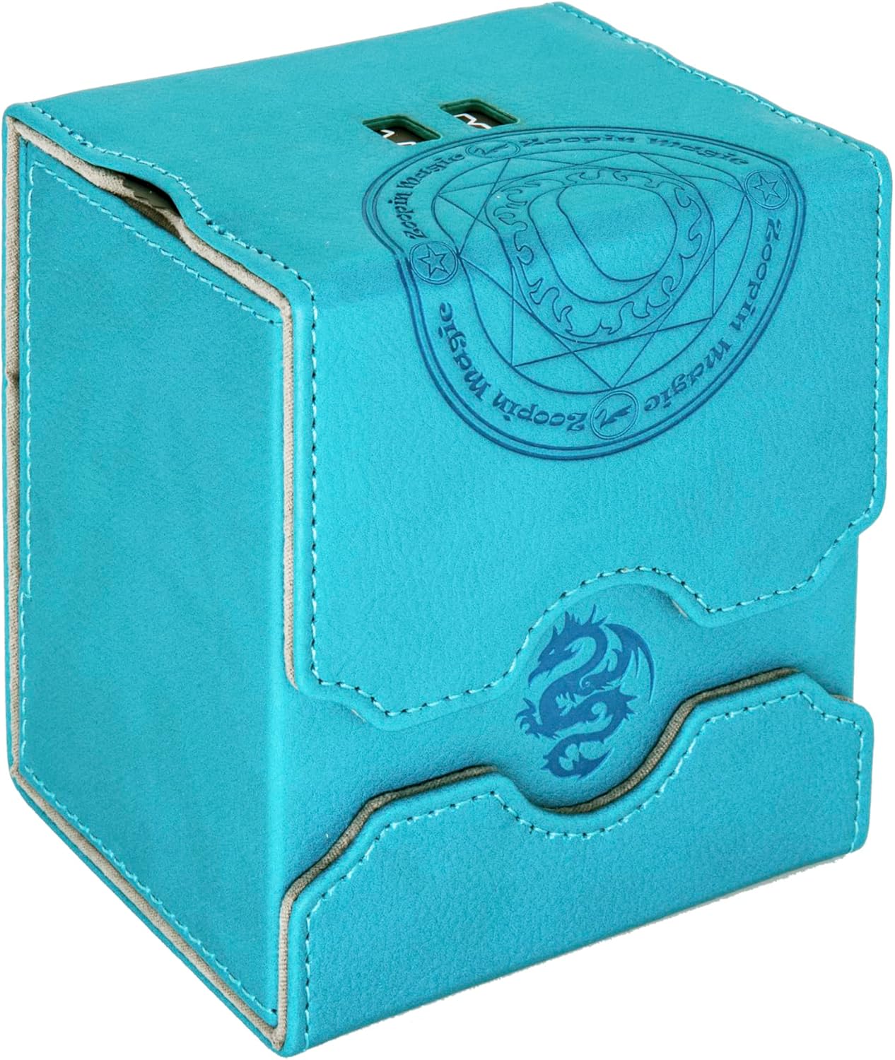 Zoopin Leather Deck Box with Built-in Spinning Life Counter, Cyan for MTG,Yugioh,Pokeman,TES Legacy,Munchkins CCG Decks and Also Small Tokens or Dice- Hold 100 Sleeved Cards or 150 Naked Cards …