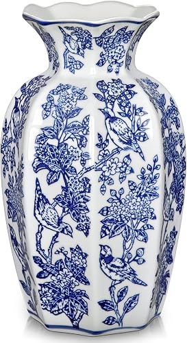 Blue and White Vase Vintage Blue Ceramic Vase for Home Decor 9.6 Inch Decorative Porcelain Floral Bird Chinoiserie Ceramic Vases for Centerpiece Living Room Kitchen Shelf