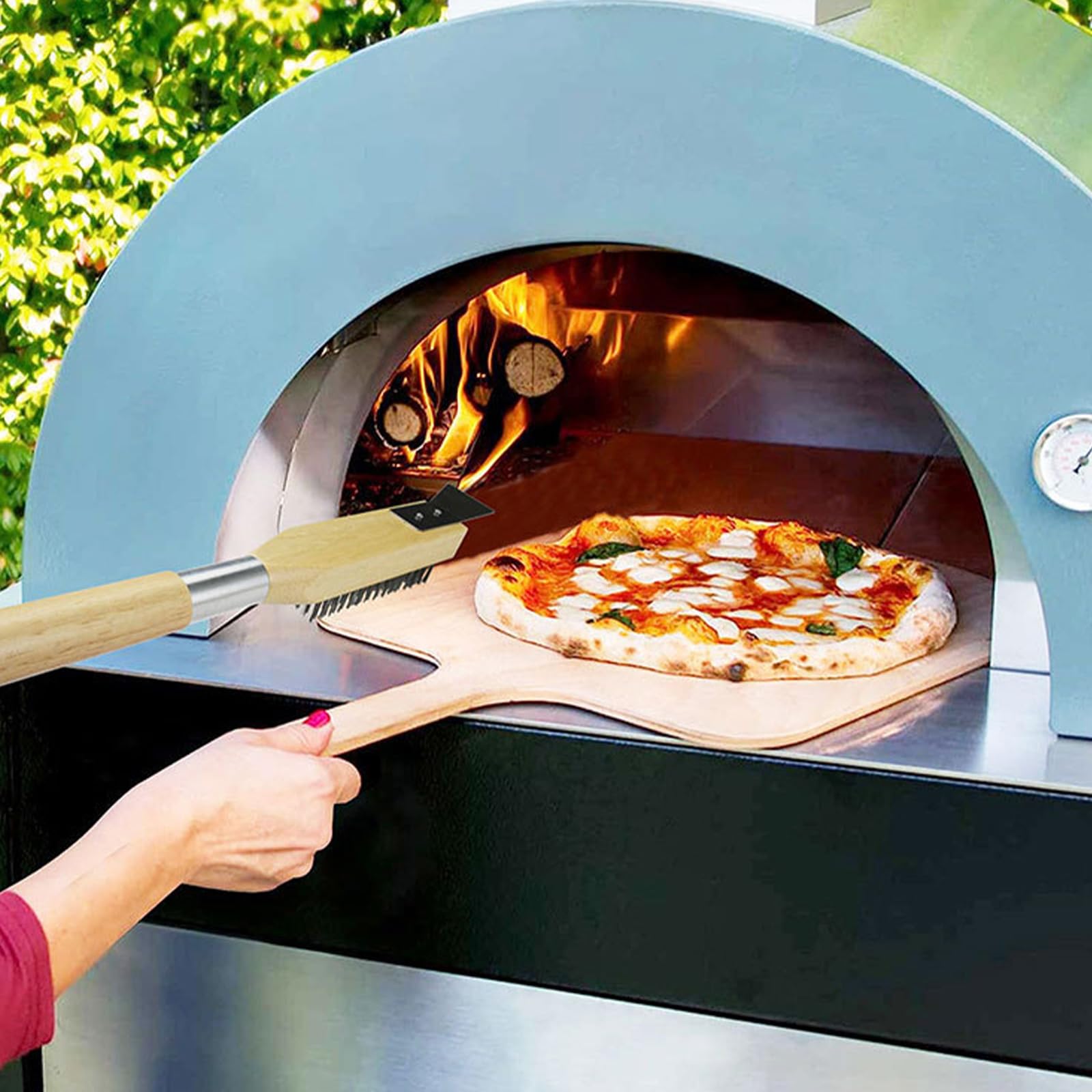 Cepillo de horno de pizza de cerdas de acero extraíble con mango ergonómico de madera y raspador, limpieza de piedra para parrilla de horno, limpiador de parrilla de uso diario para barbacoa