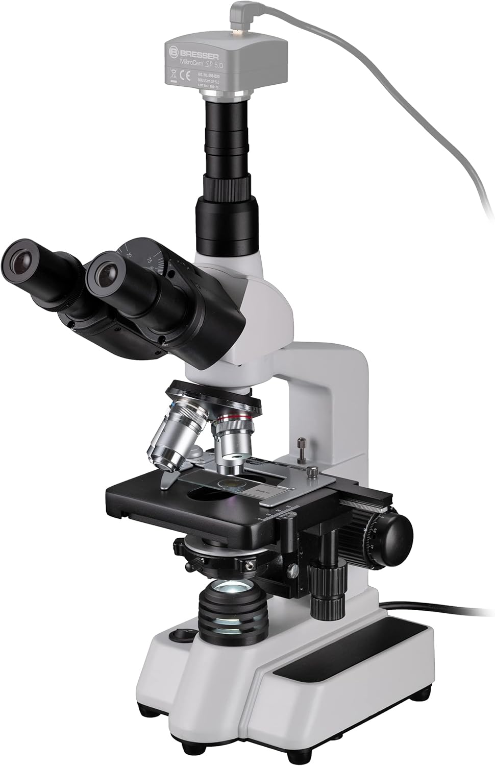 Bresser Researcher Trino Microscope with camera attached, top view