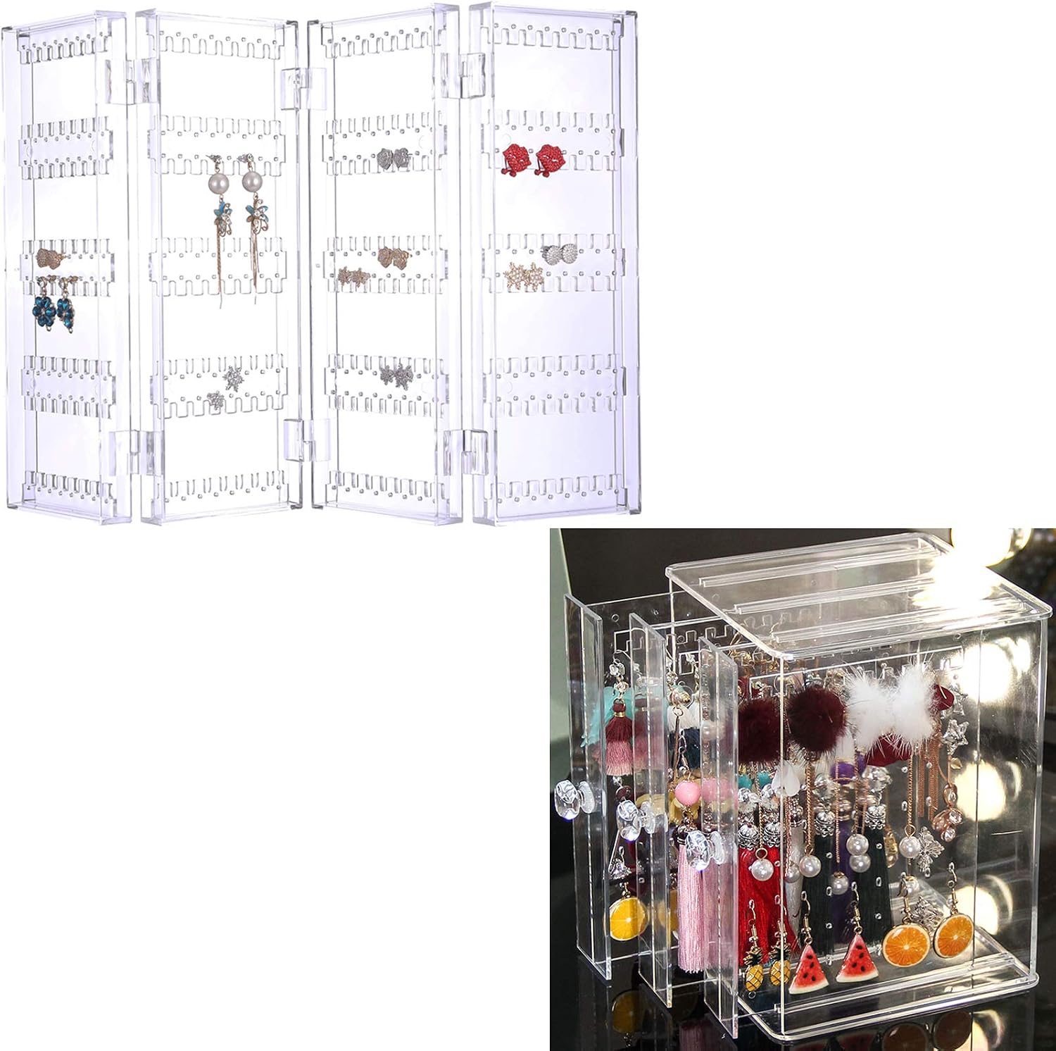 Sooyee 4 Doors Foldable Necklace Hanging Jewelry Organizer Double Sided Stand Display & & 3 Vertical Drawer Earring Display Stand Organizer, Clear