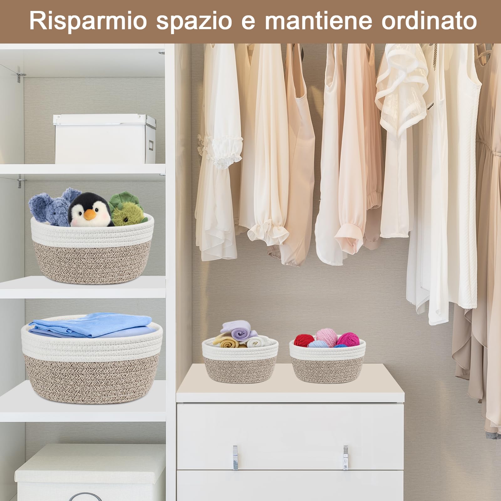 4 Pezzi Cestino Portaoggetti - Cesto Portaoggetti in Corda di Cotone丨Organizer Fasciatoio, Decorazioni Organizer Bagno
