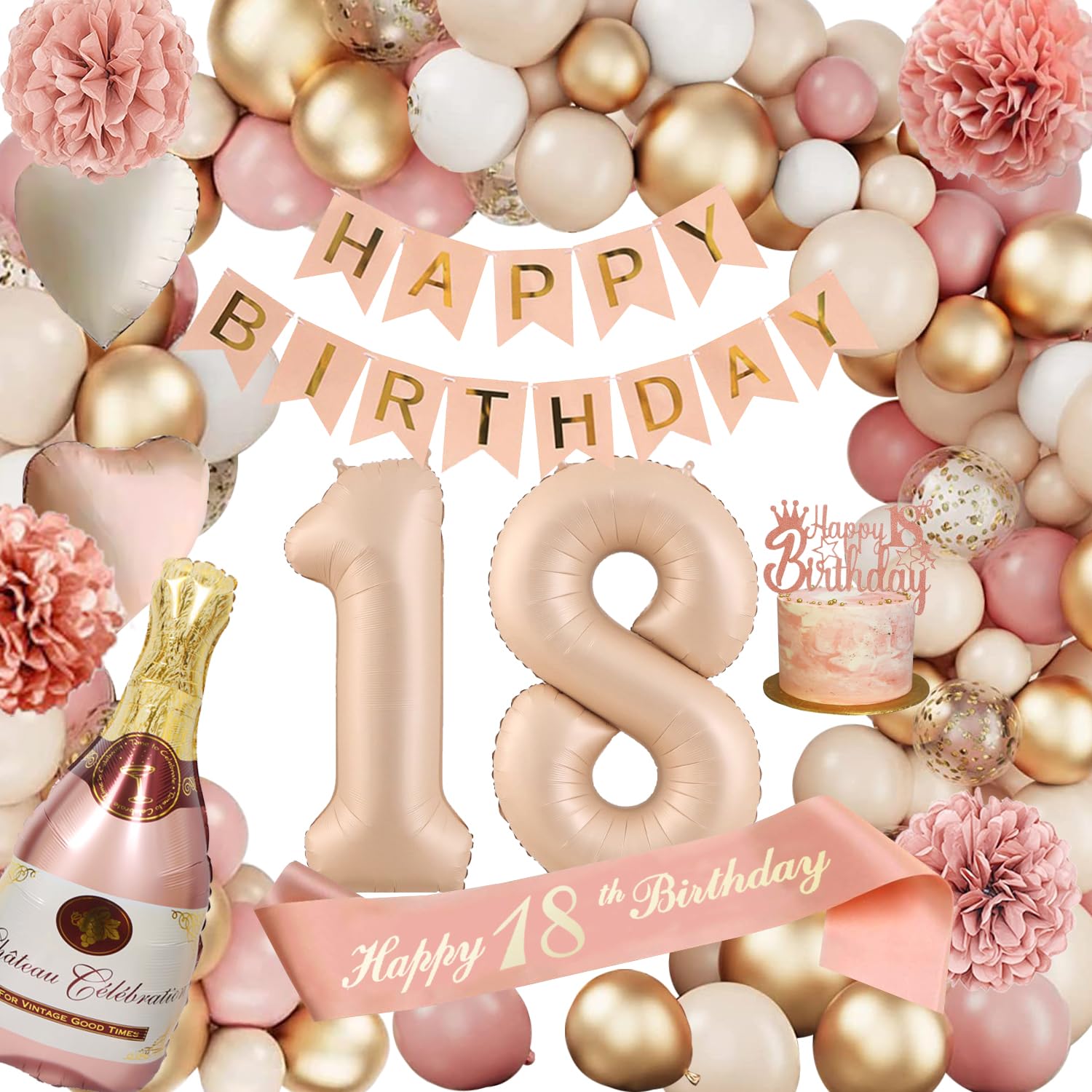 Deko 18 Geburtsta, Geburtstagsdeko 18, Zahlen Luftballon 18. Geburtstag, 18 Retro Rosa Ballon Girlande mit Girlande, Champagner Ballon, Seidenpapier Pompons für Party Deko
