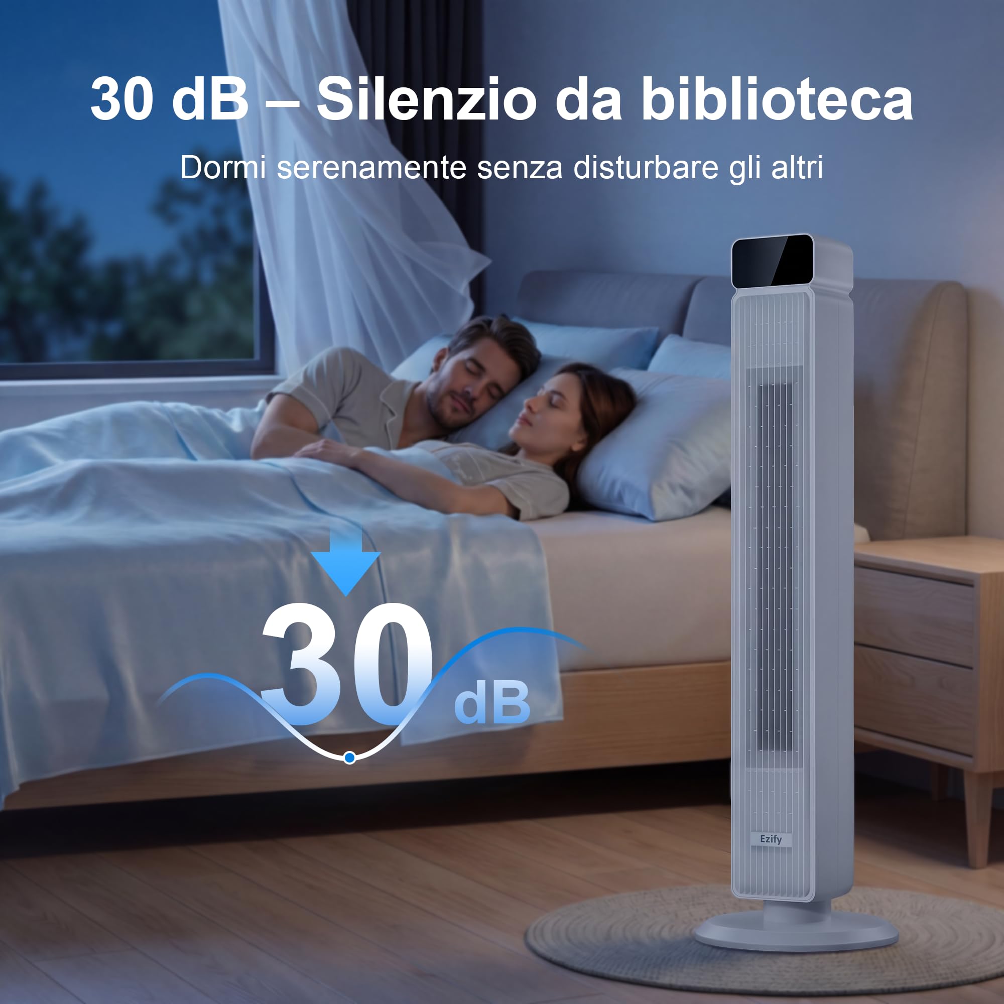 Ventilatore a Torre Silenzioso con Telecomando, 7.3 m/s Flusso Potente & Modalità Notturna 30 dB, Oscillazione 90°, 6 Livelli, Timer 12H, Ventilatore a Colonna per Camera da Letto e Ufficio