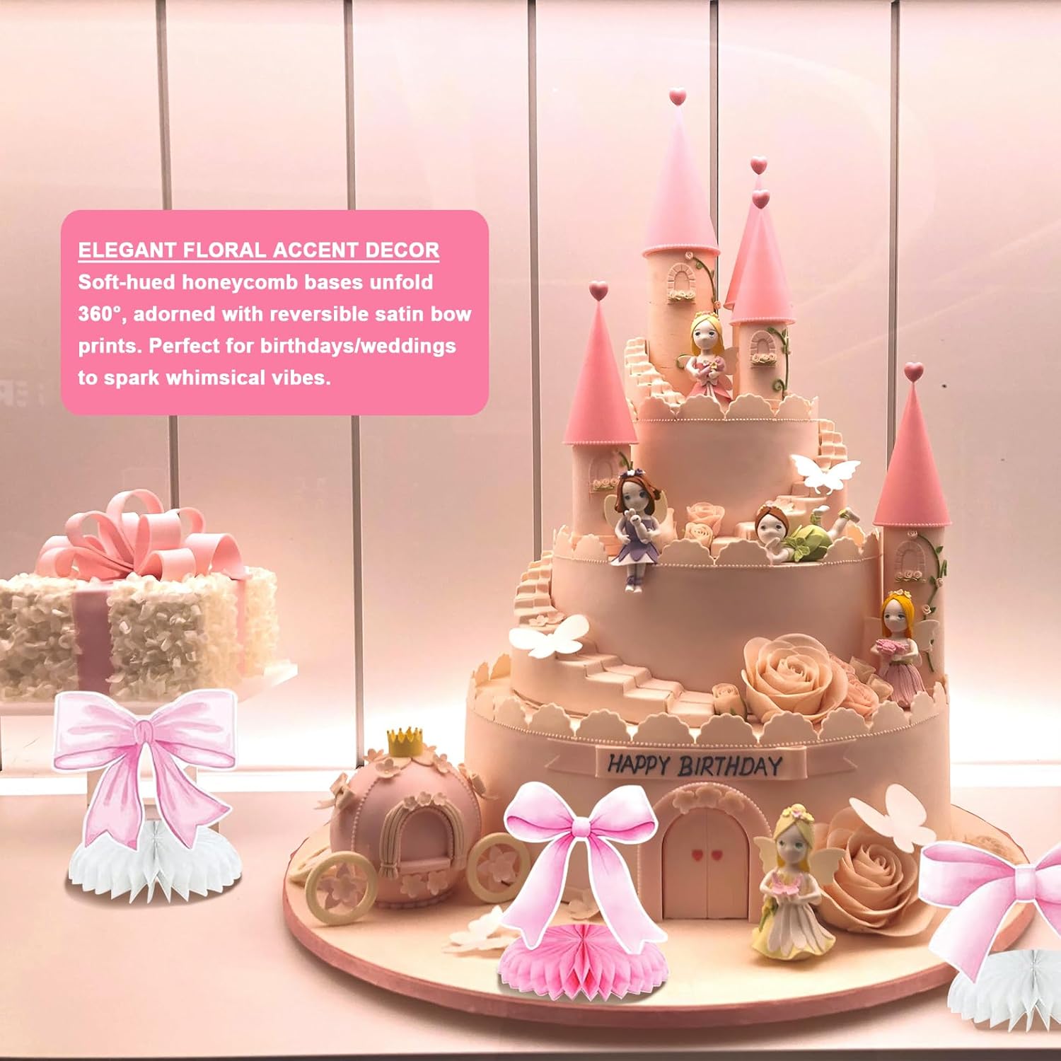 9 PCS Pink Bow Theme Honeycomb Centerpieces Decorations, Party Table Topper Decor for Girls Theme Birthday Baby Shower Wedding Party (Princess Theme)