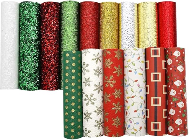 Milisten 15pcs Christmas Faux Leather Sheets, Christmas Themed Printed Synthetic Leather Sheet for Earrings Hair Bows and Craft Making