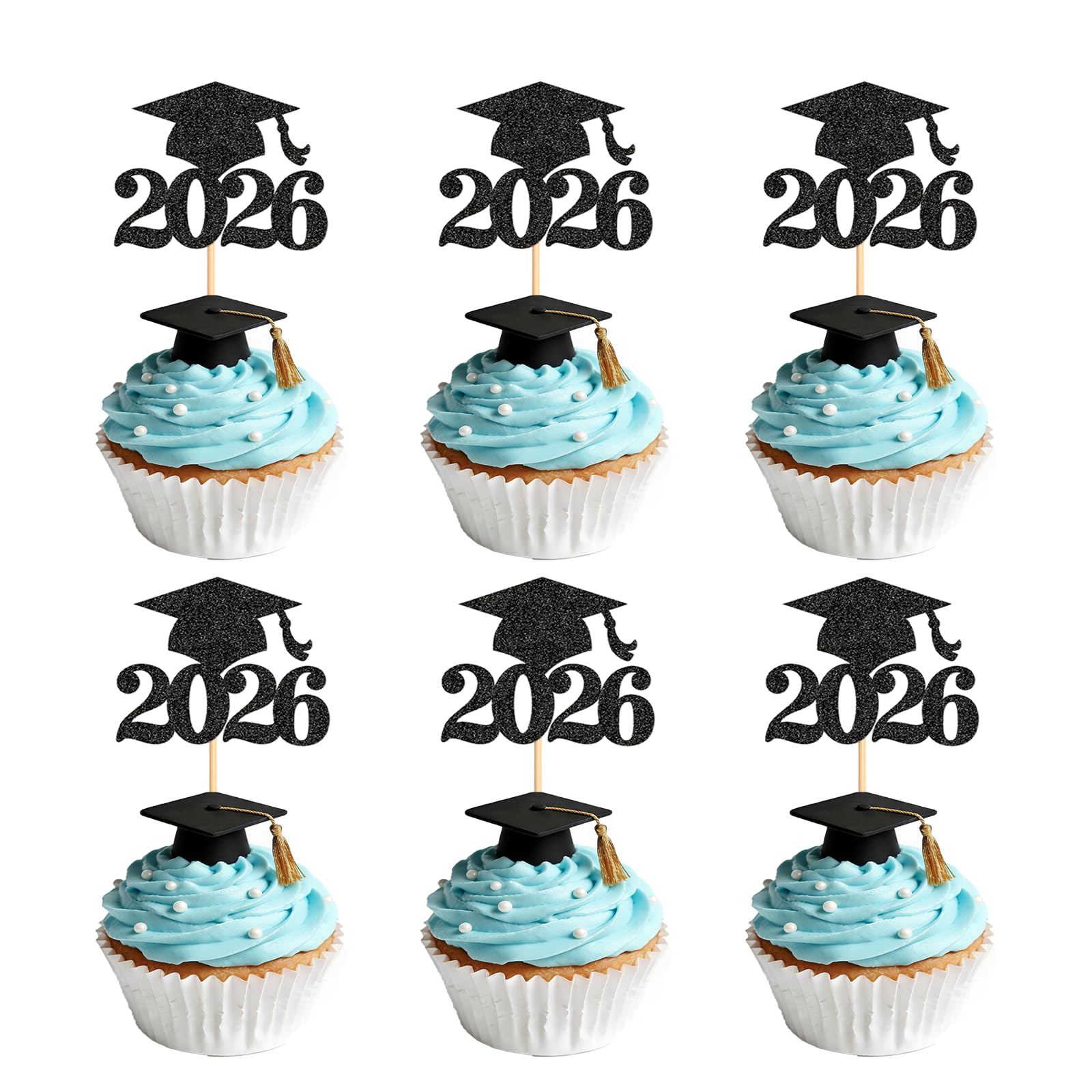 36Pcs 2026 Graduation Cupcake Toppers Glitter Done Grad Cap Cake Topper Decoration for Class of 2026 Graduation Theme Party Supplies